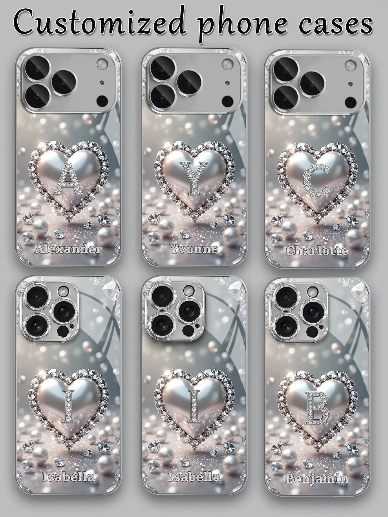 1 buah Casing Ponsel Kaca Perak Berlapis Elektroplating Definisi Tinggi dengan Nama Kustom, Hiasan Hati Mutiara Imitasi Perak & Berlian Imitasi, Kompatibel dengan Apple 17 Pro Max/16 Pro Max/15 Pro/14 Plus/13 Pro/12 Pro Max/11/Xs Max/8/7/6 Plus, S24 Ultra/S25 Ultra, Modis, Berwarna-warni, Lucu, Menyenangkan, Minimalis, Casing Ponsel untuk Hari Ibu, Hari Ayah, Pelindung Ponsel, Aksesori Ponsel, Casing Ponsel Kustom - Perak - View 2