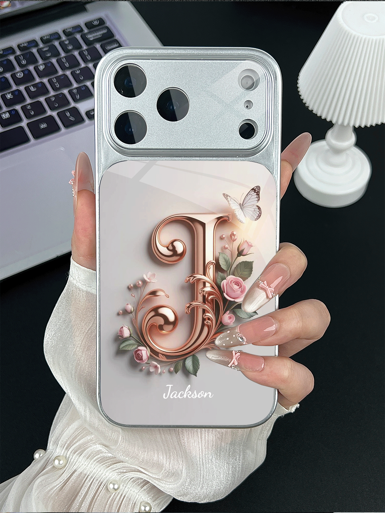 1pc Customizable Text & Letter Design With Pink Rose, Butterfly & Floral Decor, Tempered Glass Material Phone Case Suitable For IPhone 17 ProMax/17 Air/15/16 Pro/14 Plus/13 Pro/12 Pro Max/11, Tempered Glass Camera Protection, Tempered Glass Back Cover, Large Viewing Window Phone Protective Case, Best Gift For Friends And Family - Silver - View 2