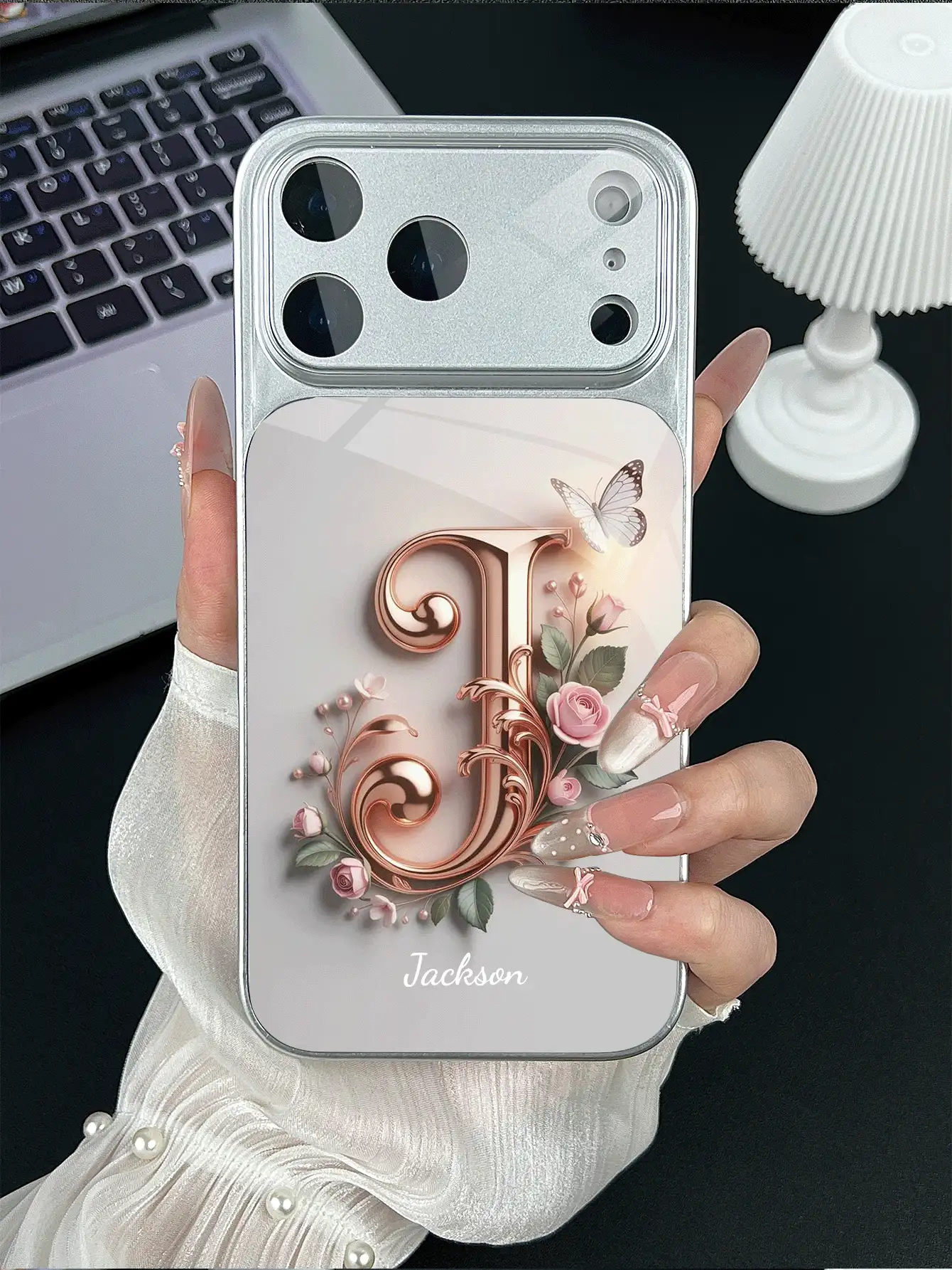 1pc Customizable Text & Letter Design With Pink Rose, Butterfly & Floral Decor, Tempered Glass Material Phone Case Suitable For IPhone 17 ProMax/17 Air/15/16 Pro/14 Plus/13 Pro/12 Pro Max/11, Tempered Glass Camera Protection, Tempered Glass Back Cover, Large Viewing Window Phone Protective Case, Best Gift For Friends And Family - Silver - View 3