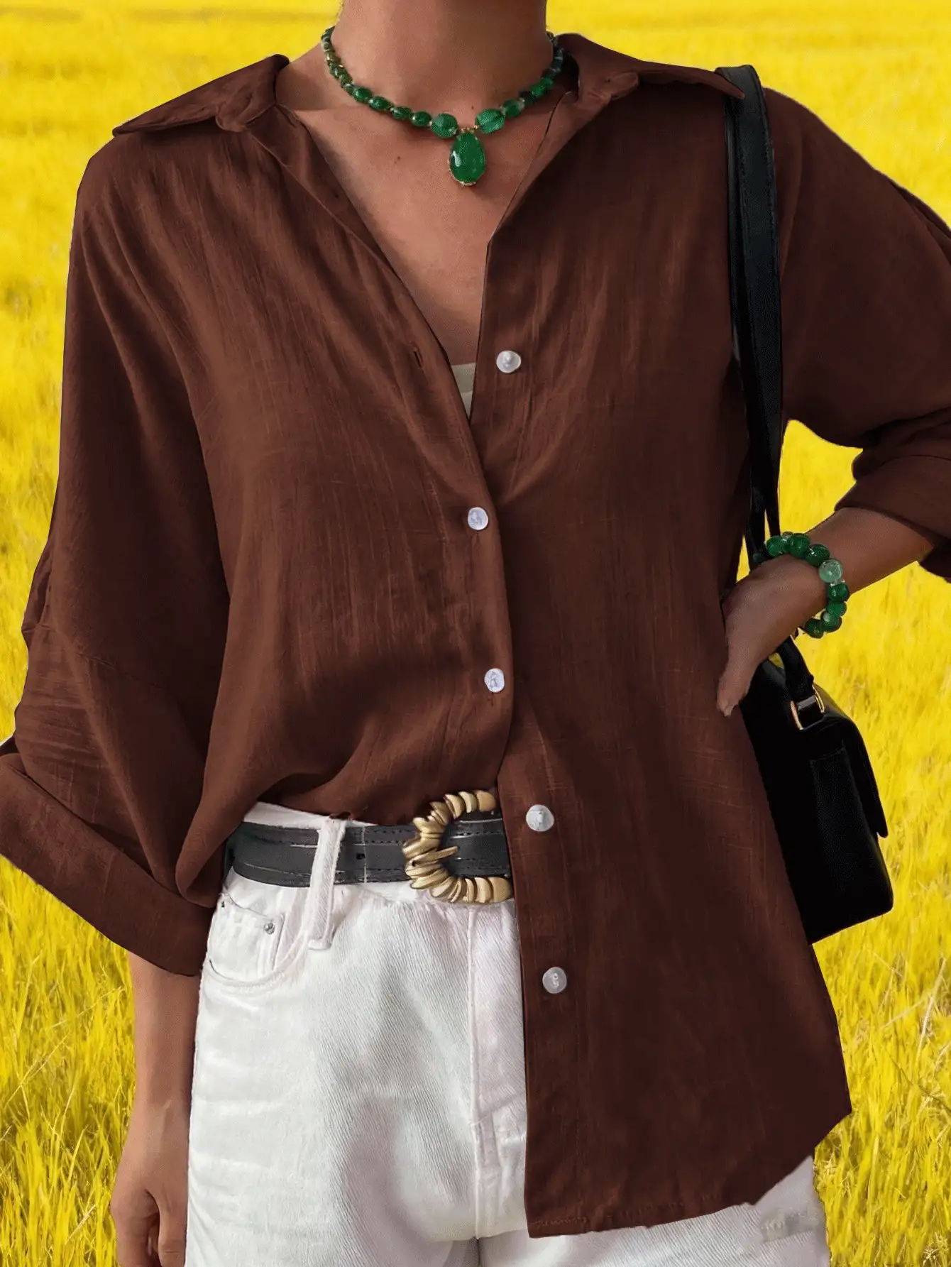 Camisa de mujer casual de lino de unicolor con mangas enrollables y detalles de botones, de manga larga, para primavera - Marrón - Ver 5