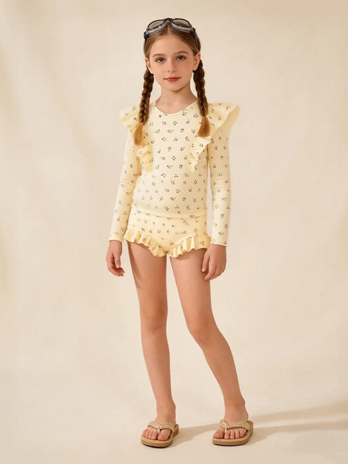 Mini Bala Girls' Swimsuit, High Elasticity Lotus Ruffle Bikini Set, UPF50+ - Yellow - View 3