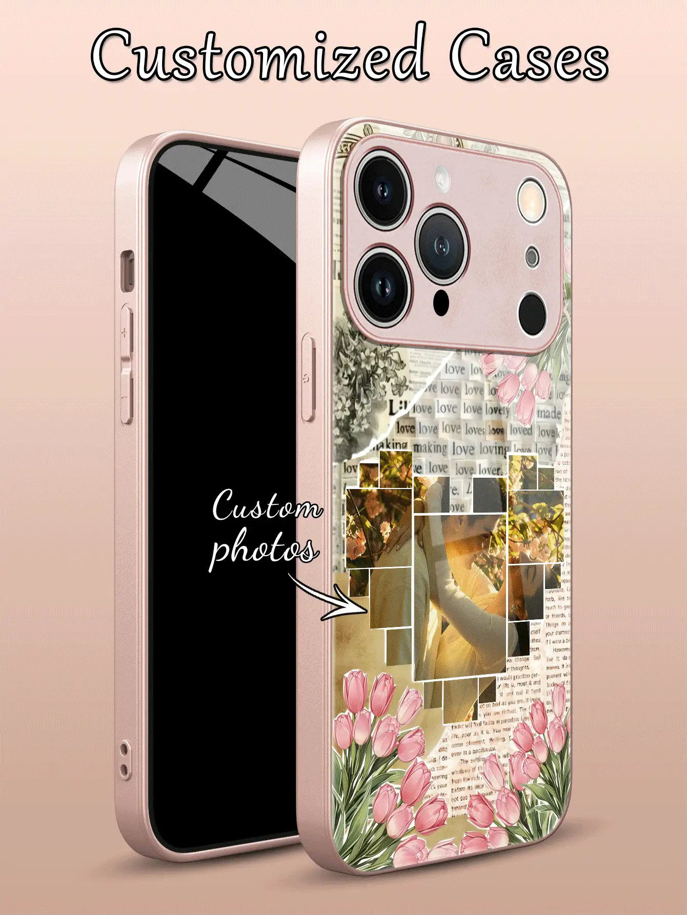 1pc Customizable Heart-Shaped Photo, Vintage Tulip & Floral Pattern Phone Case, Made Of Tempered Glass Back + TPU Soft Edge, Suitable For Samsung S26Ultra/S25Plus/S24 Series And Apple 17ProMax/16ProMax/15Pro/14Plus/13Pro/12ProMax/11/XsMax/8/7/6Plus, Can Be Used As Birthday Gift, Gift For Girlfriend/Boyfriend, Or Personal Use - Hồng - Xem 2