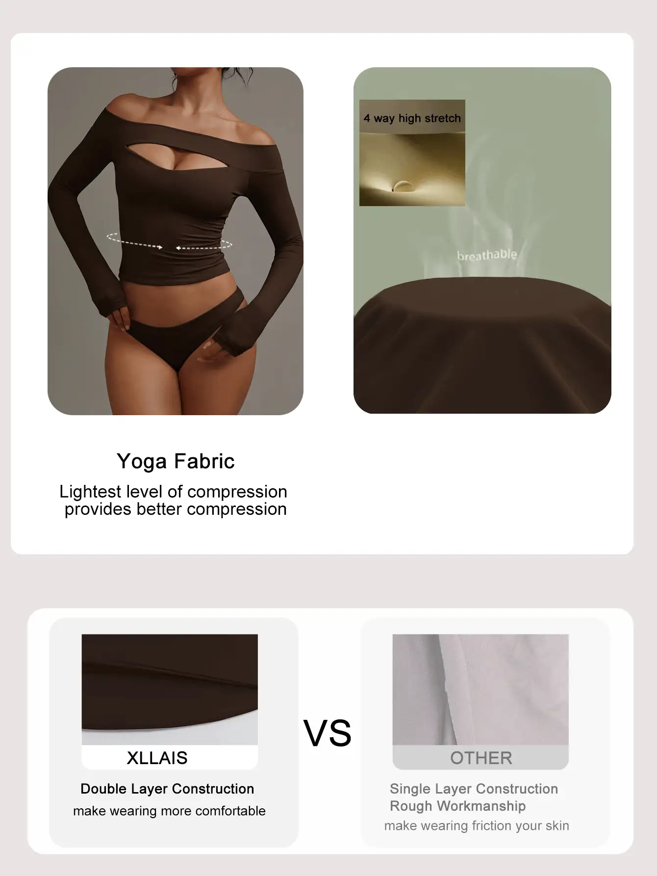 XLLAIS 2025秋冬女装性感长袖白色露肩上衣高弹镂空修身T恤休闲春季款 - 深咖色 - 查看 3