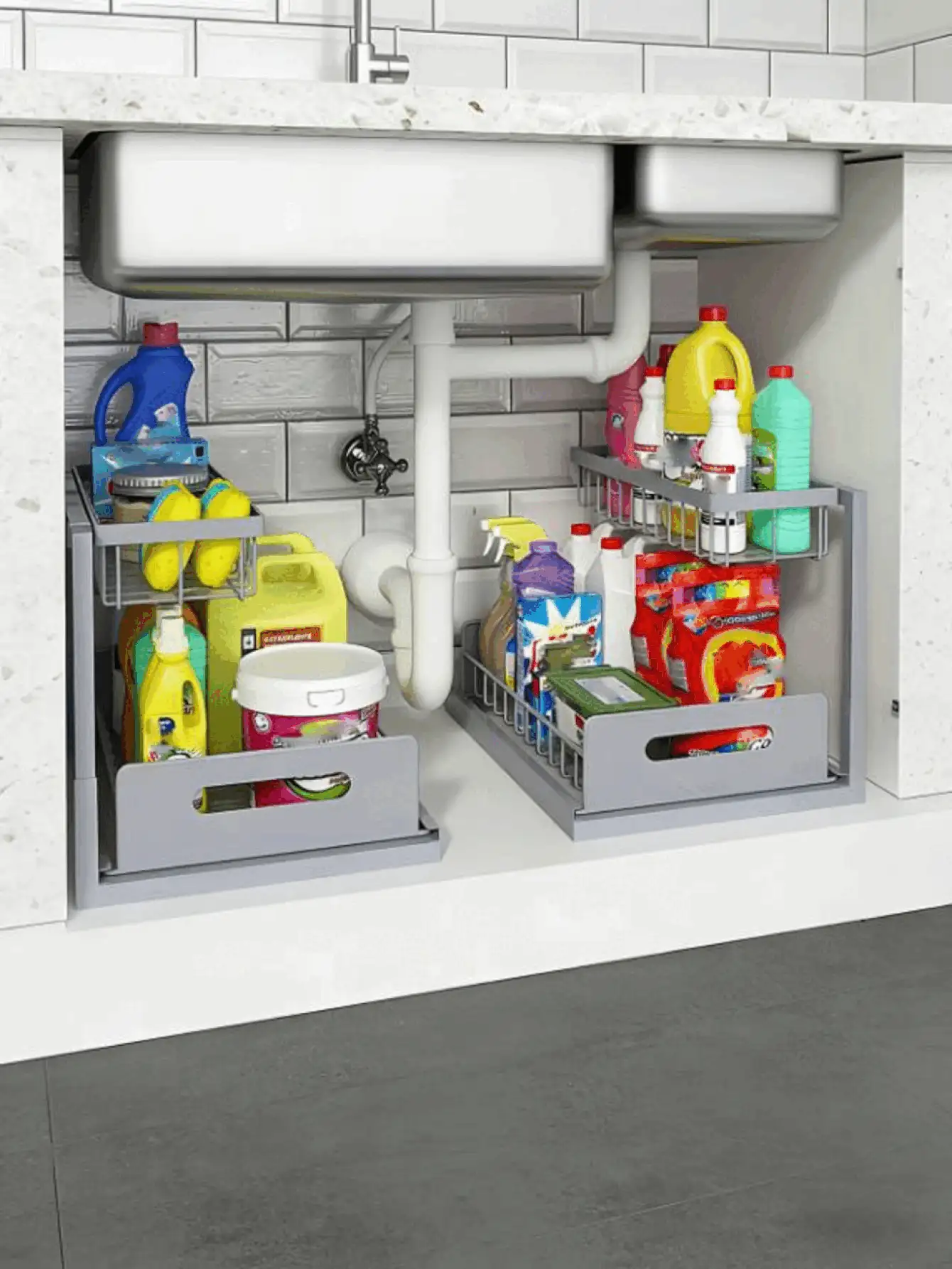 1/2pcs Sliding Drawer Under Sink Organizer Rack, Metal Pullout Shelf Suitable For Bathroom Cabinet, Kitchen, Bathroom, Pantry Or Closet - Multicolor - View 3