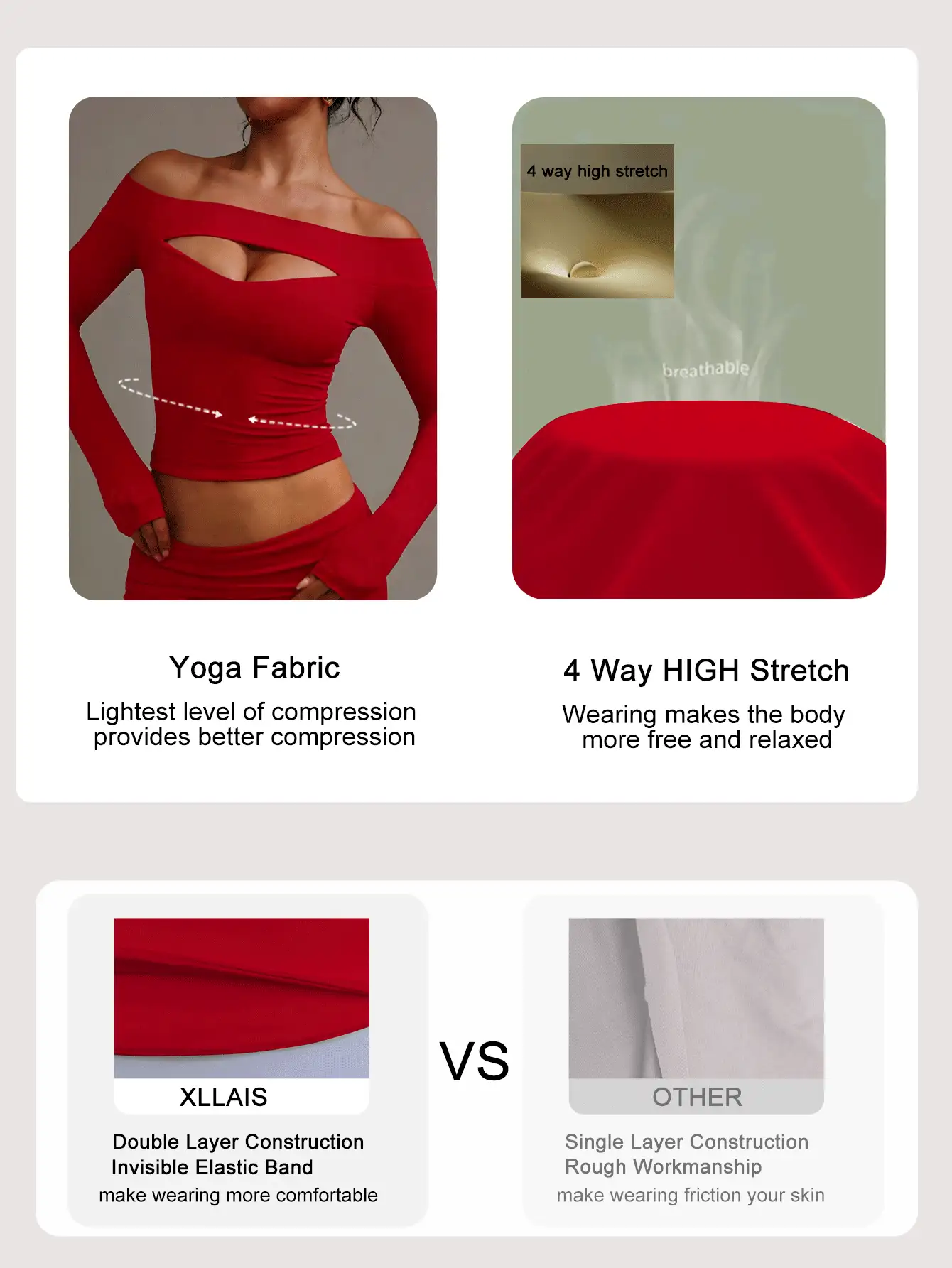 XLLAIS 2026秋冬女装性感长袖白色露肩上衣高弹镂空修身红色T恤新年休闲春季 - 紅色 - 查看 2