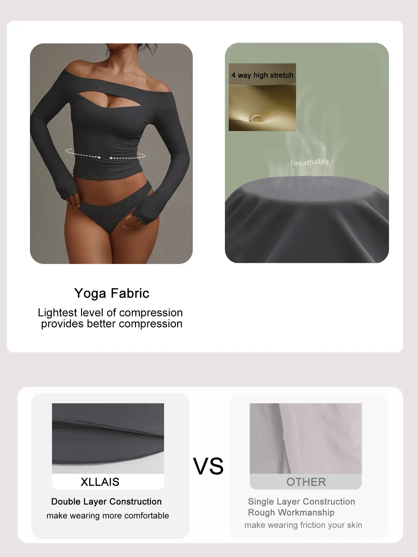 XLLAIS 2026春秋季女士性感长袖白色露肩上衣，高弹镂空修身T恤 - 深灰色 - 查看 4