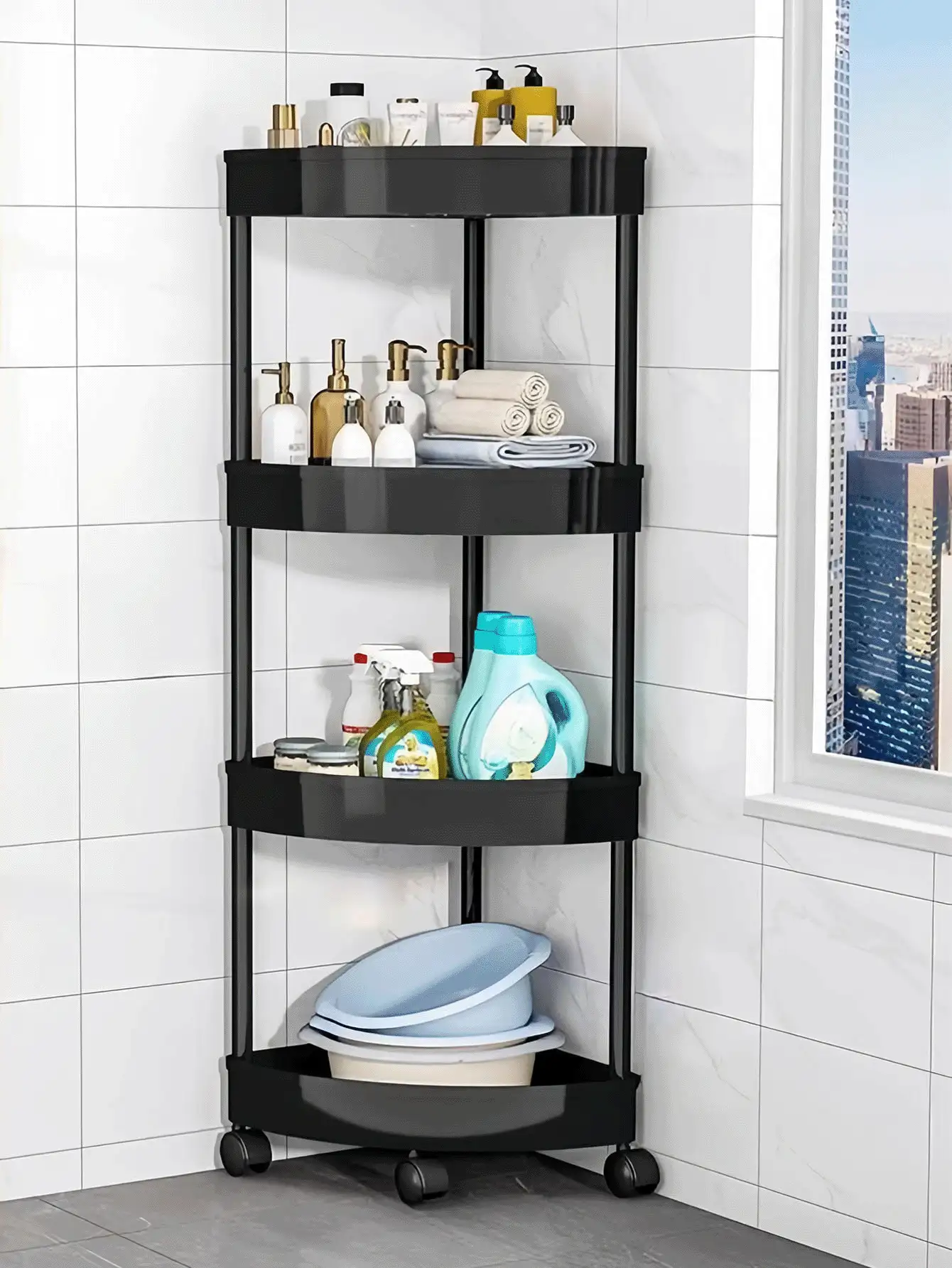3-Tier/4-Tier Movable Storage Cart, Compact Corner Shelving Unit With Wheels, Made Of Sturdy Plastic, Foldable Assembly, No Power Needed, Suitable For Kitchen, Living Room, Bedroom, Office, Commercial Bathroom And Shower, Multifunctional Storage Basket, Bathroom Decor, Bathroom Essentials, Shower Caddy, Bathroom Necessities, Home Decor - Multicolor - View 3