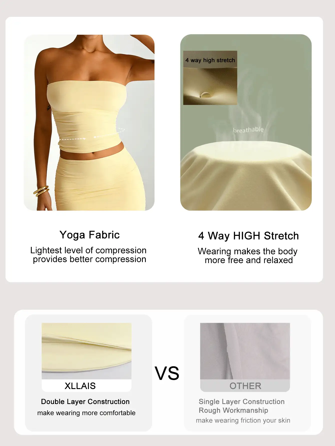 XLLAIS 性感无肩带基础款吊带背心，时尚纯色弹力修身抹胸上衣，适合女性四季休闲夏季穿着 - 黃色 - 查看 4