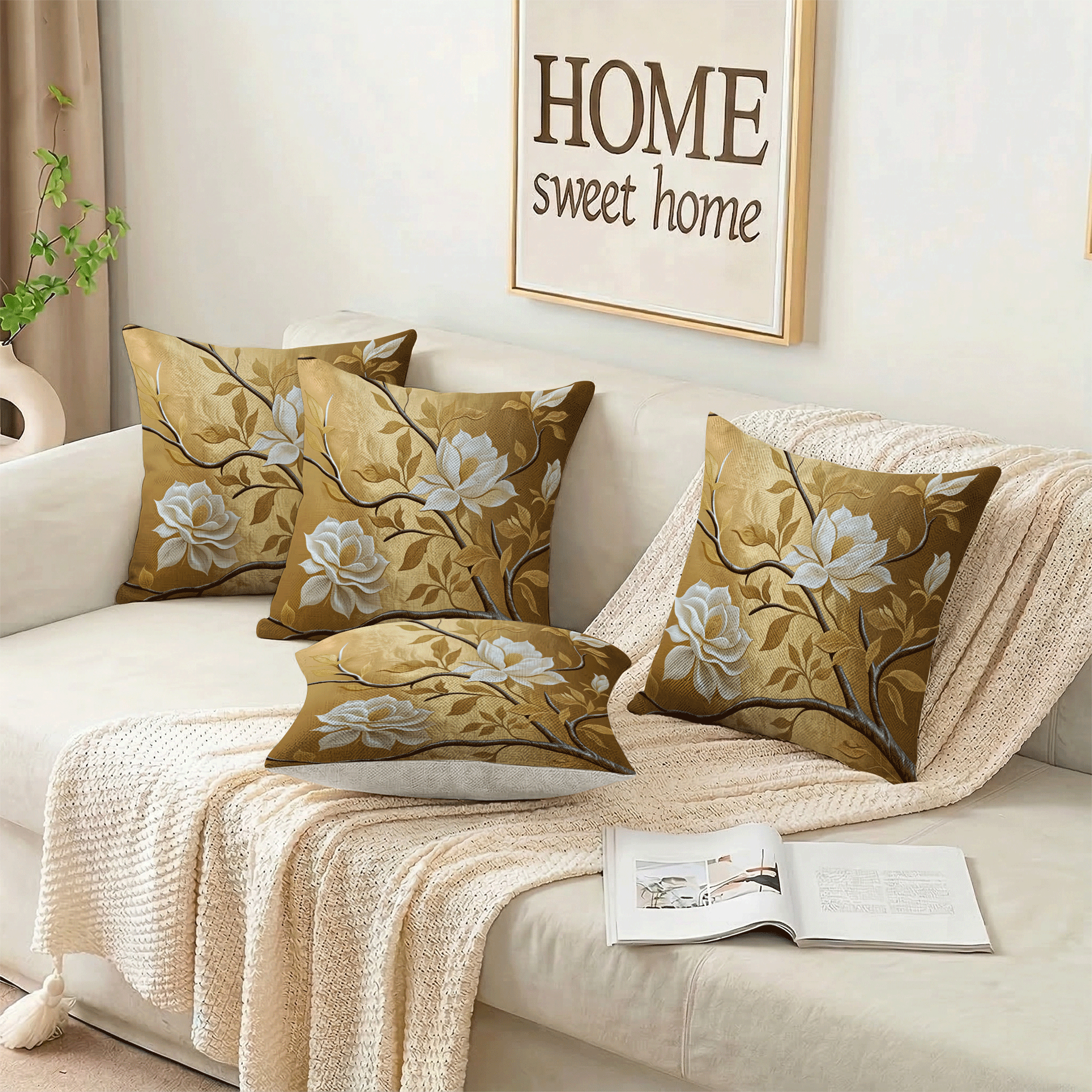 1pc/4pcs Gold Magnolia Floral Pattern Printed Throw Pillow Cover, Single-Sided Print, 40*40cm, 45*45cm, 50*50cm, Suitable For Sofa, Living Room Decor, Everyday Use - Multicolor - View 6