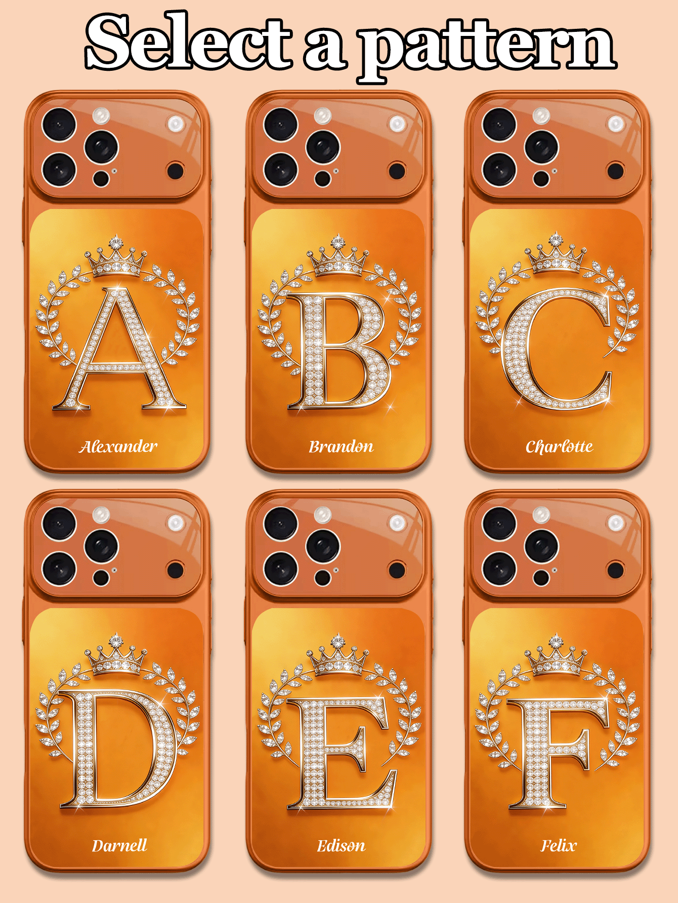1pc Customizable Crown & Letter Design Tempered Glass Phone Case, Suitable For IPhone 17 ProMax/17 Air/15/16 Pro/14 Plus/13 Pro/12 Pro Max/11, Tempered Glass Camera & Back Cover Protection, Large Window Design, Fashionable, Creative, High-Quality, Ideal Gift For Friends And Family - Orange - View 2