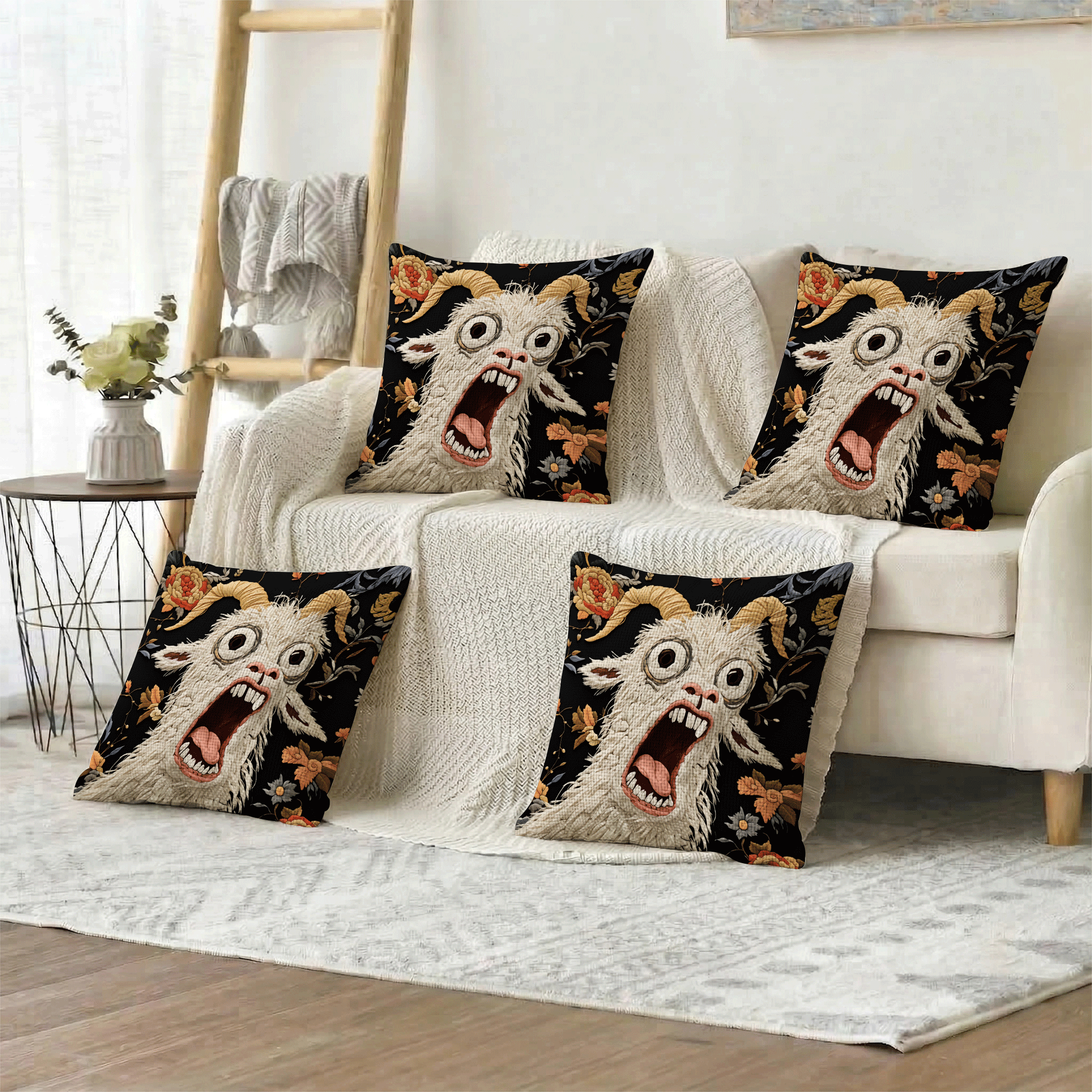 1pc/4pcs Funny Screaming Goat Print Throw Pillow Cover, Single-Sided Print, 40*40cm, 45*45cm, 50*50cm, Suitable For Sofa, Living Room Decor, Everyday Use - Multicolor - View 4