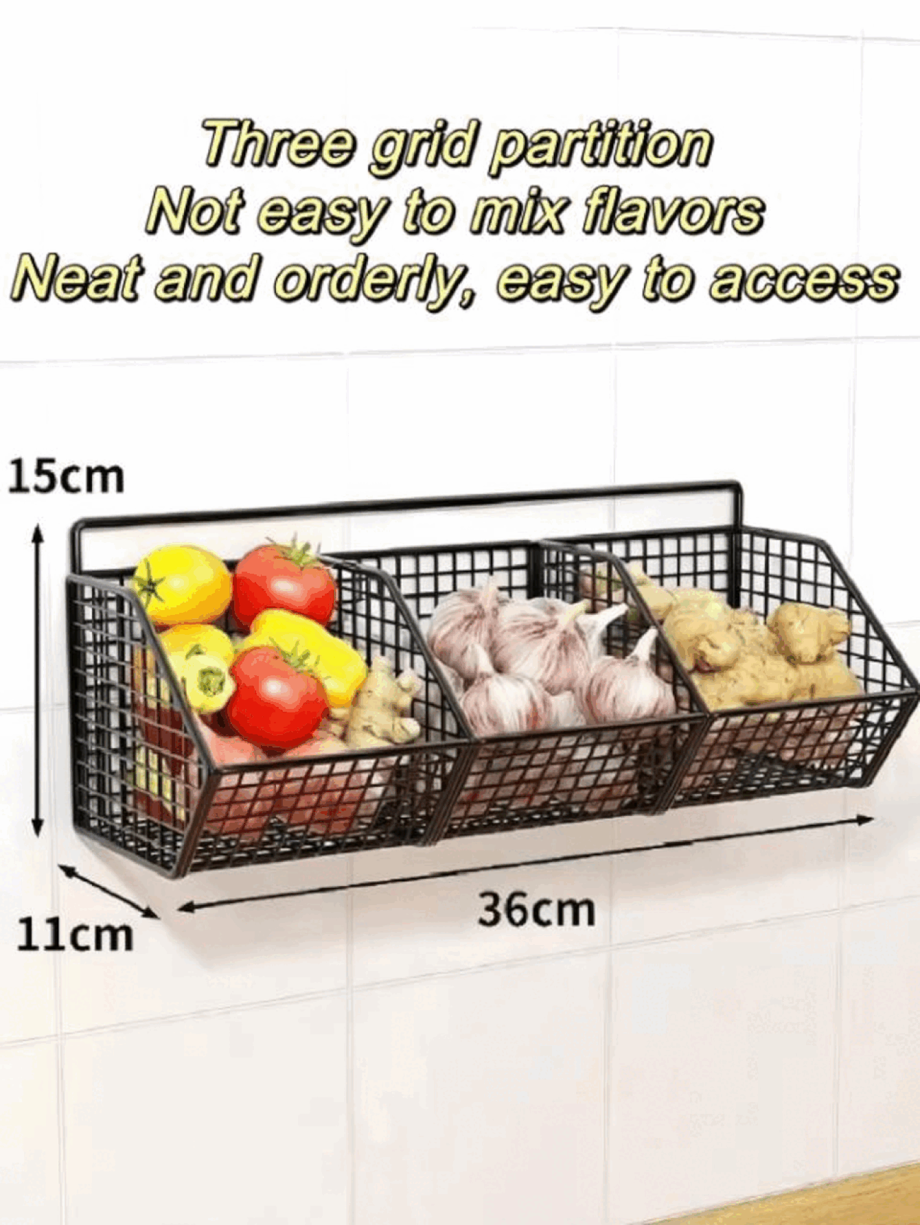 Durable Metal Wall-Mounted Kitchen Basket Rack, Multi-Functional Kitchen Storage Organizer, Can Hang Spices, Garlic, Onions, Vegetables, Effectively Improve Kitchen Space Utilization And Reduce Clutter - Black - View 2