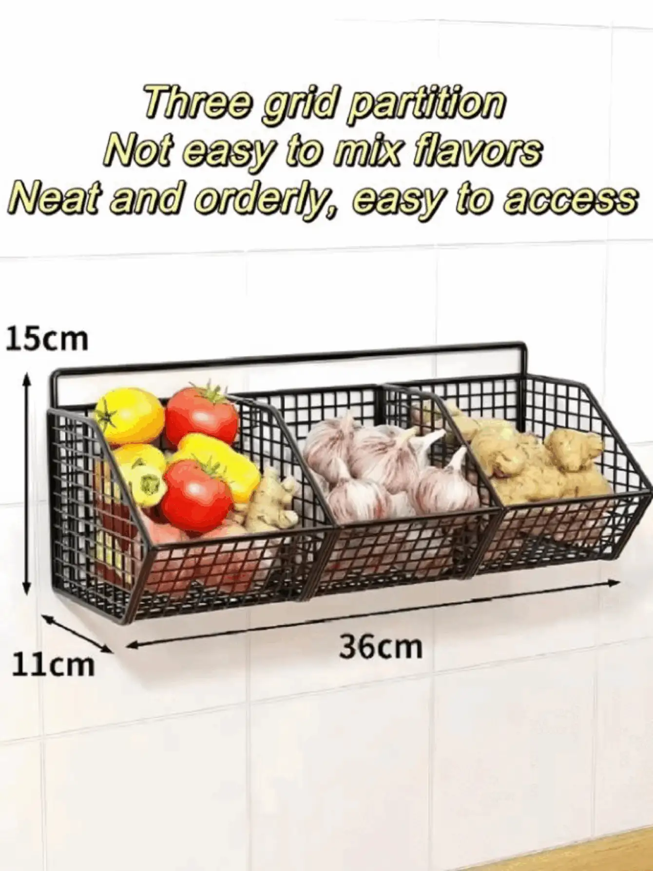 Rak Keranjang Dapur Logam Tahan Lama yang Dipasang di Dinding, Pengorganisasi Penyimpanan Dapur Multifungsi, Dapat Menggantung Rempah-rempah, Bawang Putih, Bawang Bombay, Sayuran, Secara Efektif Meningkatkan Pemanfaatan Ruang Dapur dan Mengurangi Kekacauan - Hitam - View 3
