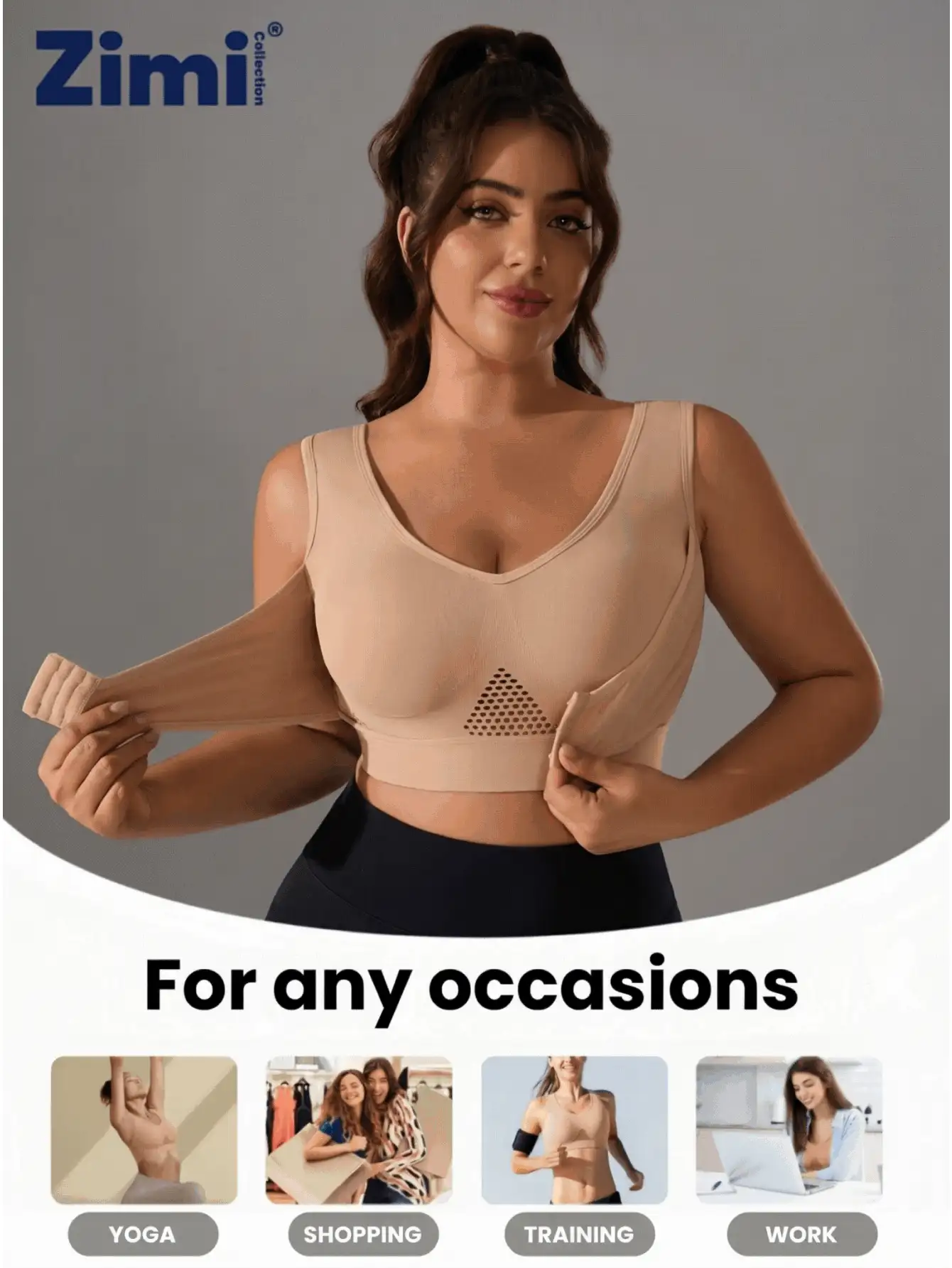 Zimi Collection 1pc Plus Size Women Seamless Sexy Hollow-Out Front Hook Design Sports Bra, Soft & Comfortable Wireless Full Coverage Yoga Wide Strap Sports Bra Fall - Apricot - View 3