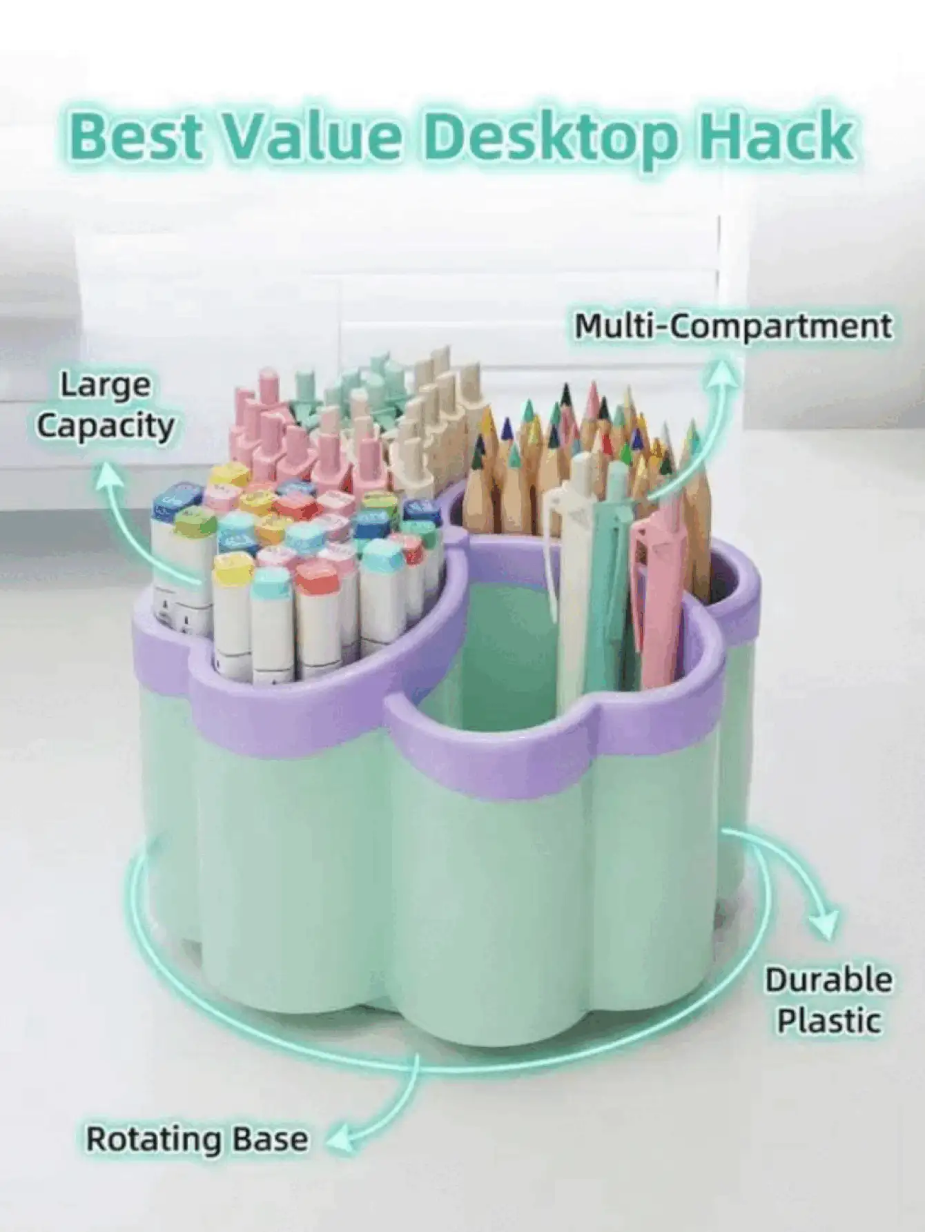 360 Degree Rotating 4-Tier Desktop Organizer Rack, PP Plastic Space-Saving Design For Office, School, Home, Includes Portable Cover To Hold Pens, Pencils, Makeup Brushes, Available In Green And Purple, Suitable For Small Spaces - Multicolor - View 3