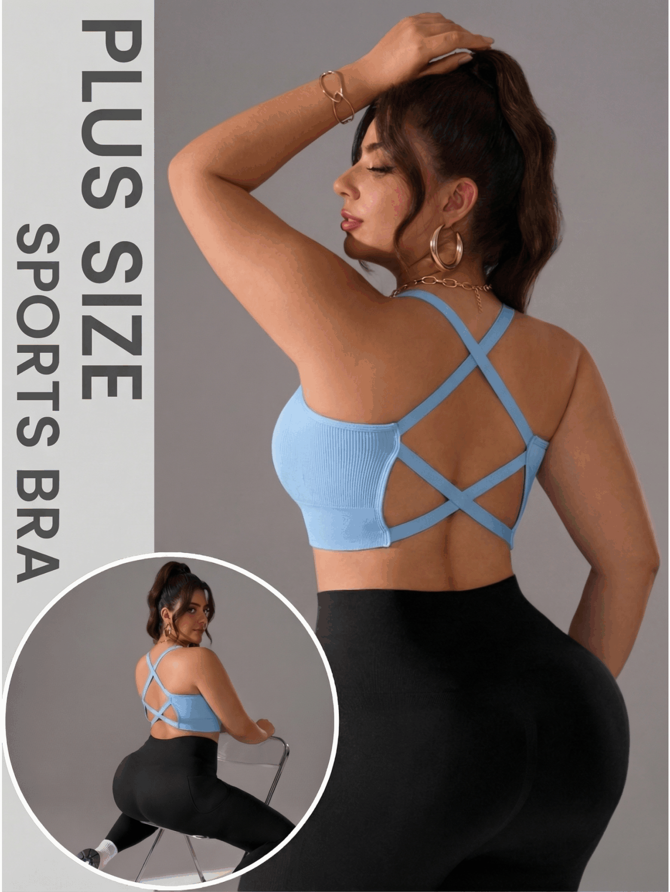 Zimi Collection Women Plus Size Baby Blue Seamless Ribbed Strappy Back Crisscross Yoga Bra Comfortable Removable Pad Pilates Activewear - Baby Blue - View 2