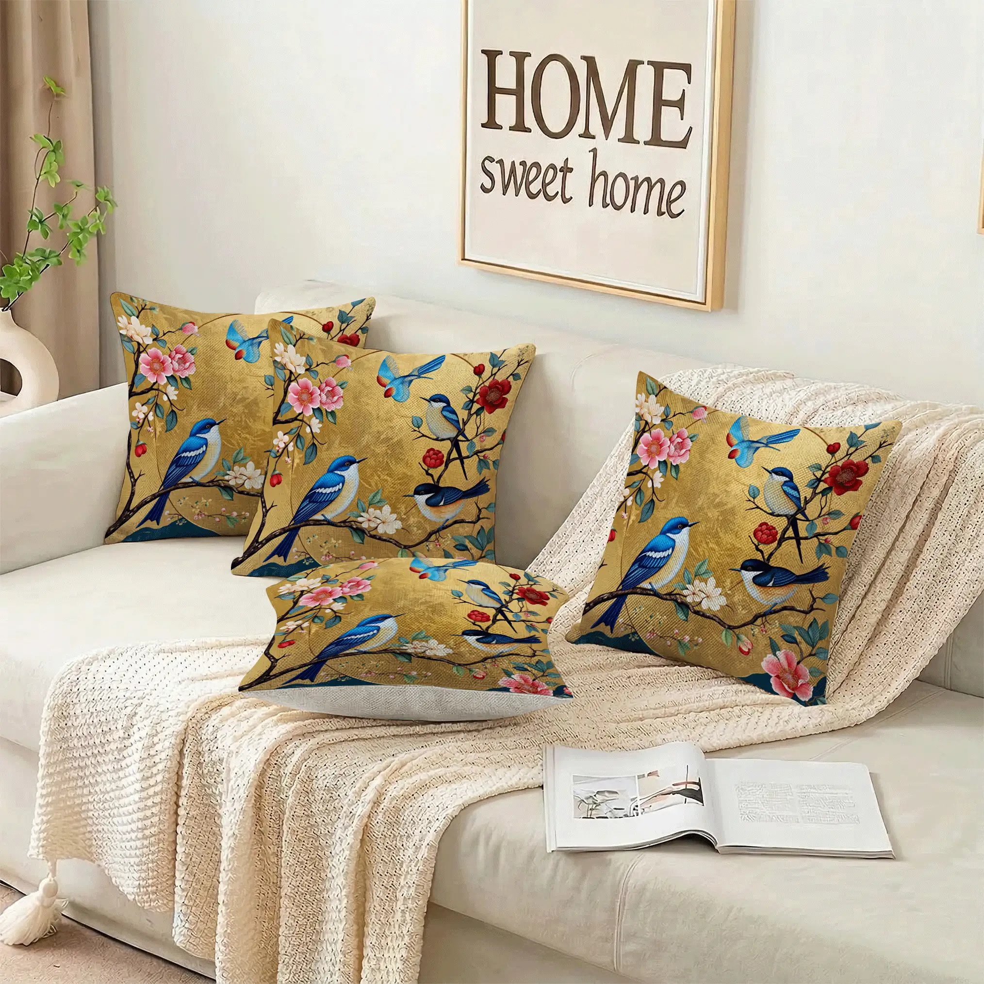 1 Stück/4 Stücke Europäischer Vintage Blumen- und Vogel-Muster Kissenbezug, einseitiger Muster, 40*40cm, 45*45cm, 50*50cm, geeignet für Sofa, Wohnzimmer Dekoration, täglicher Gebrauch - Verschiedenfarbig - Übersicht 6