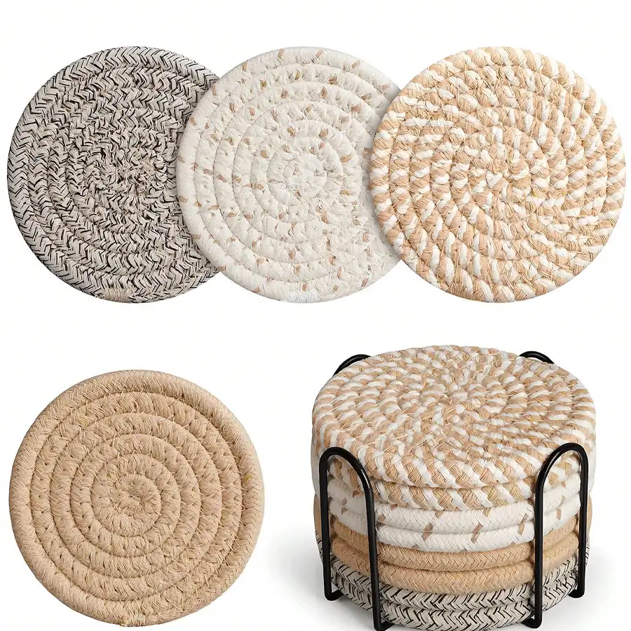 [Delivery Within 2-7 Days In The United States] -Friendly Woven Coasters With Stackable Metal Holder And Quick Dry Surface -Friendly Woven Drink Coasters For Apartment Dwellers Families Stylish Kitchen Table Coffee Break -Friendly Woven Coasters With Metal Holder Tableware Organizer