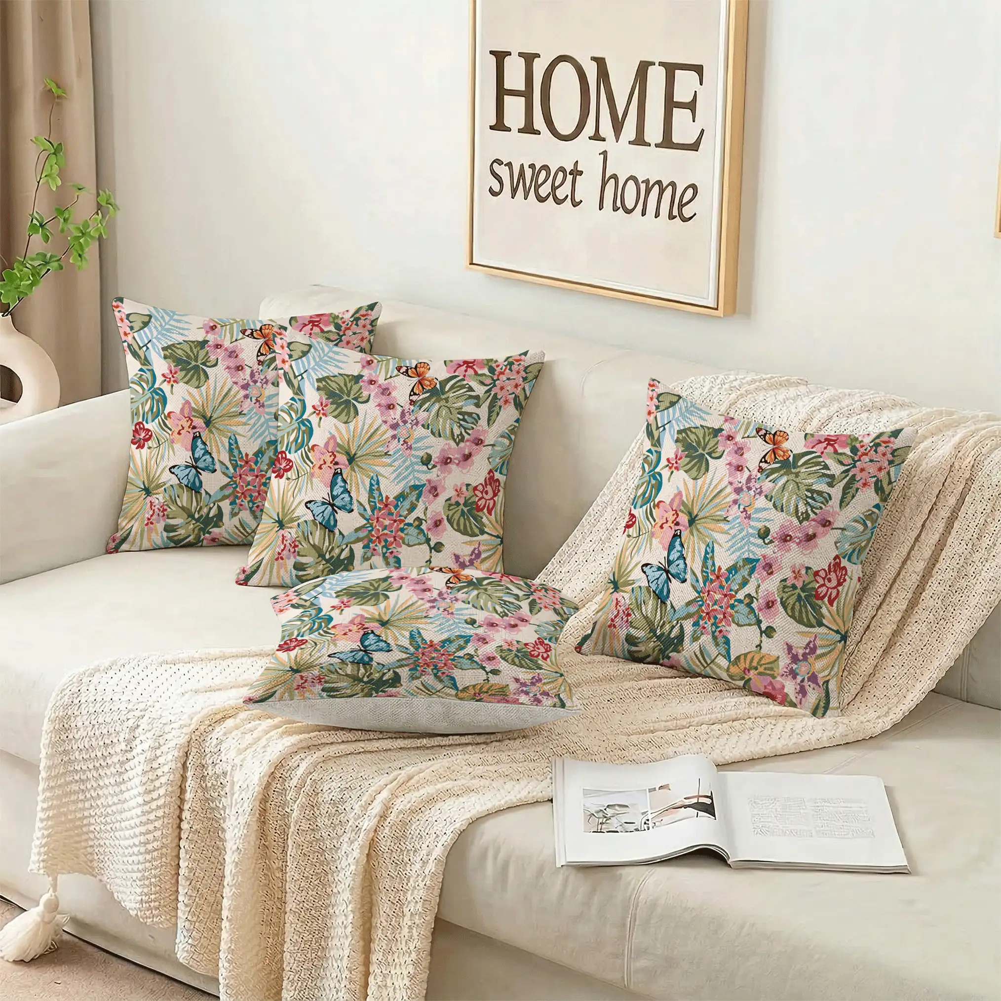 1 Stück/4 Stücke tropischer Urlaubsinspirierter rosa Orchideen Blume Muster Kissenbezug, einseitiger Muster, 40*40cm, 45*45cm, 50*50cm, geeignet für Sofa, Wohnzimmer Dekoration, Alltagsgebrauch - Verschiedenfarbig - Übersicht 6
