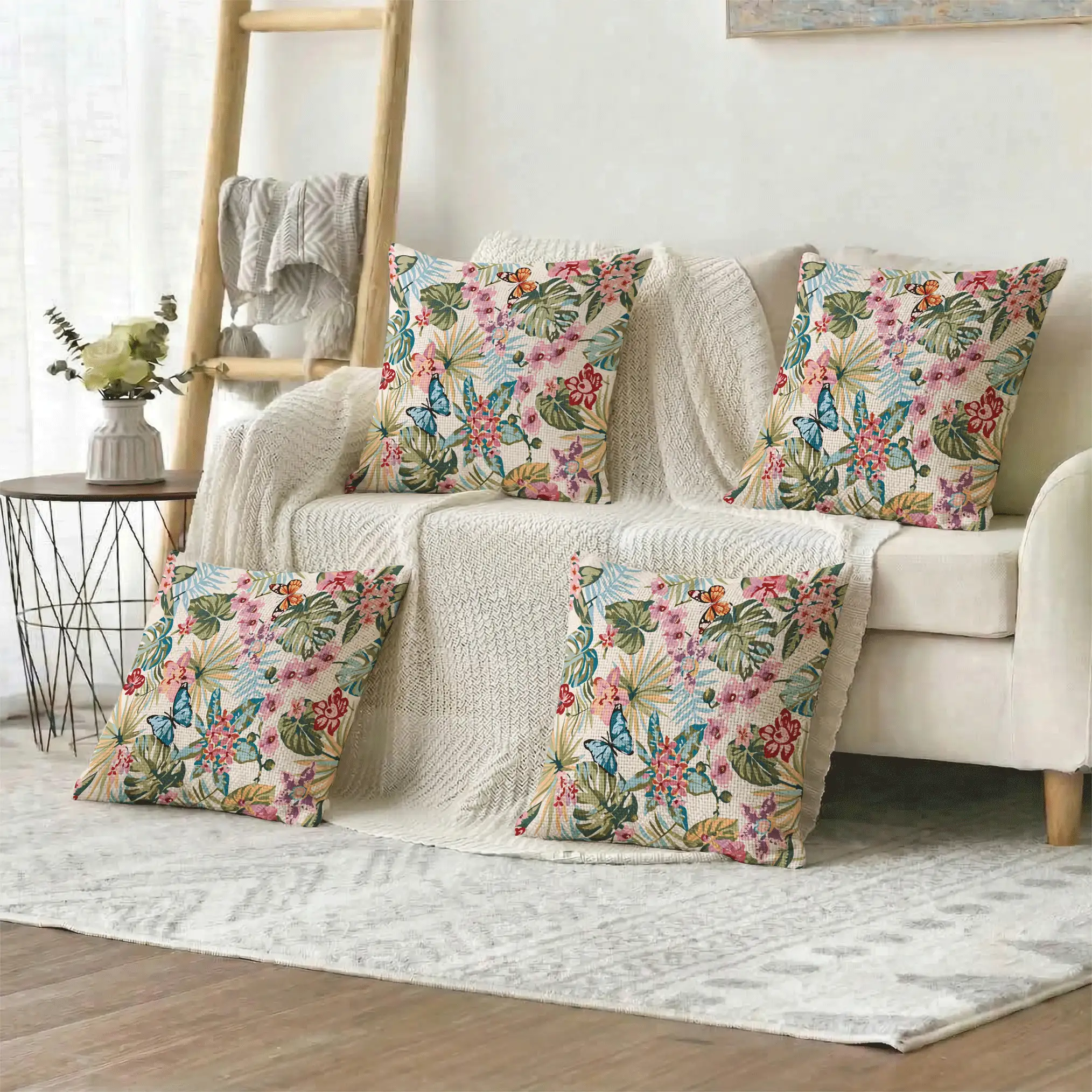 1 Stück/4 Stücke tropischer Urlaubsinspirierter rosa Orchideen Blume Muster Kissenbezug, einseitiger Muster, 40*40cm, 45*45cm, 50*50cm, geeignet für Sofa, Wohnzimmer Dekoration, Alltagsgebrauch - Verschiedenfarbig - Übersicht 4