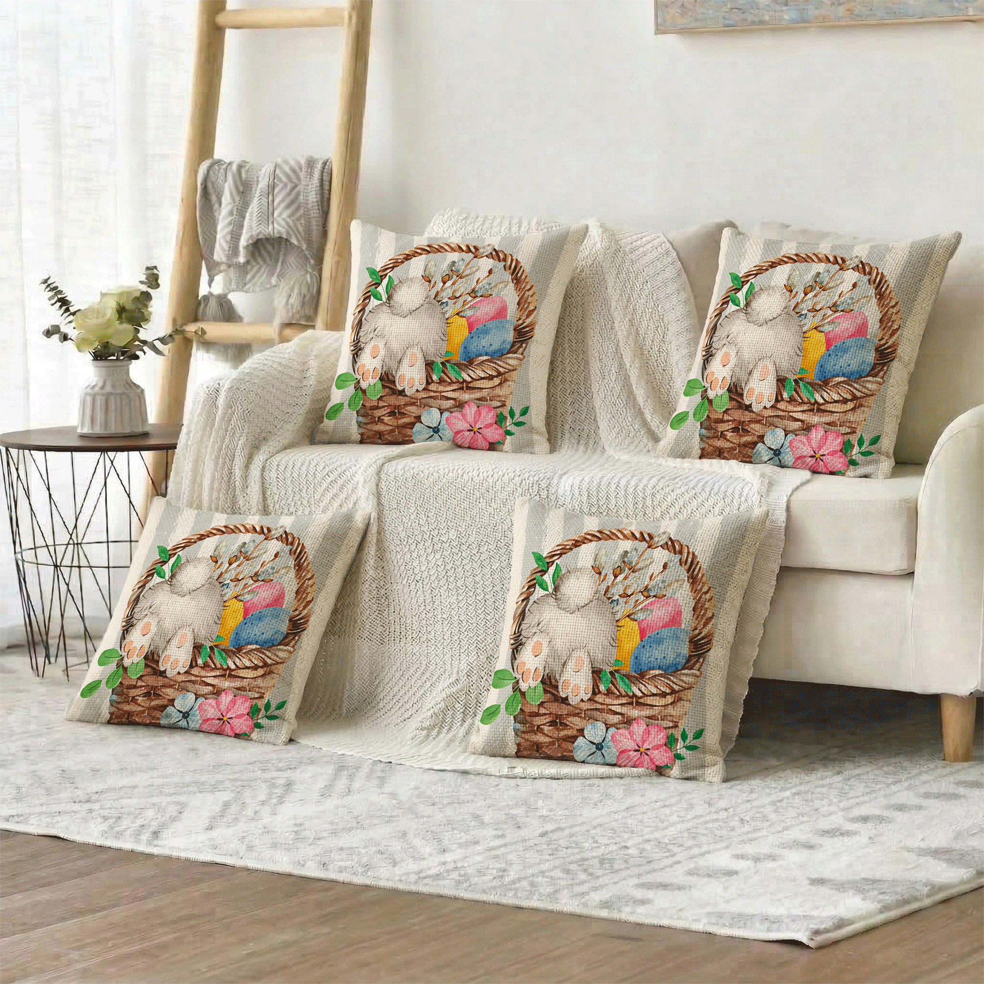1pc/4pcs Rabbit In Basket Easter Theme Printed Pillow Cover, Single-Sided Print, 40*40cm, 45*45cm, 50*50cm, Suitable For Sofa, Living Room Decor, Everyday Use - Multicolor - View 4