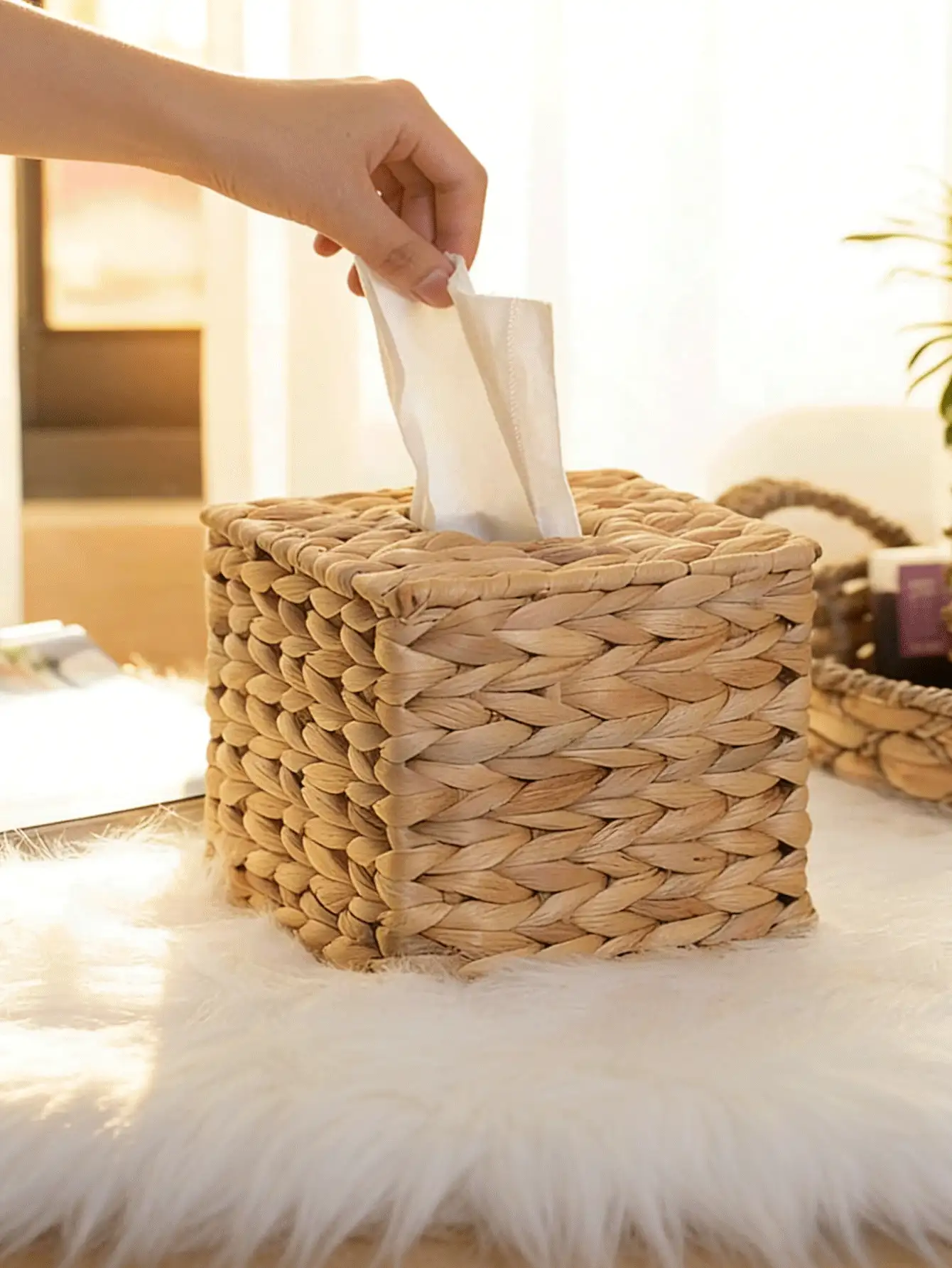 Cubierta de caja de pañuelos tejida a mano con textura natural, dispensador de papel de pañuelos de estilo minimalista, caja de pañuelos cuadrada gruesa y duradera, adecuada para la mesa del comedor, la encimera de la cocina, el armario del baño, regalo del Día de la Madre, útiles escolares, decoración del hogar, artículos esenciales para cruceros, organización del hogar, decoración del hogar para el verano, accesorios de baño, suministros de cocina - Multicolor - Ver 3