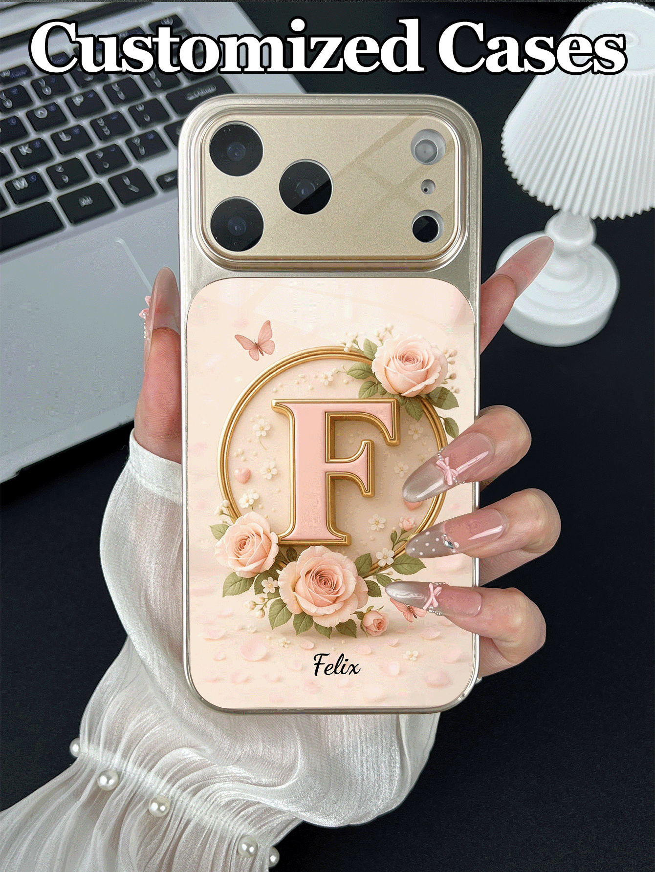 1pc Customizable Soft Pink Ombre Butterfly Floral Pattern Tempered Glass Phone Case, Suitable For IPhone 17 ProMax/17 Air/15/16 Pro/14 Plus/13 Pro/12 Pro Max/11, Tempered Glass Camera & Back Protection, Large View Window, Fashion Luxury Gift (Birthday, Anniversary) Or Daily Use, Highlighting Personalized & Ceremonial Sense, Best Gift For Friends And Family - Gold - View 2