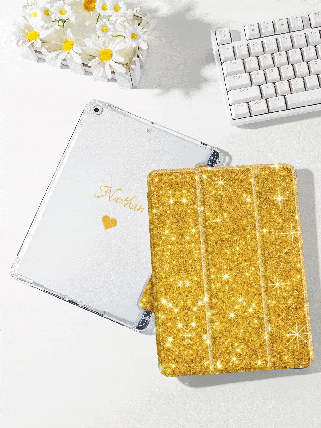 Ayotu Customizable Heart-Shaped Letter Name Double-Sided Printed Protective Case, Suitable For 11(A16), 2025 (11 Inches), 7/8/9 (10.2 Inches), Galaxy A9 Plus 2023 (11 Inches), A7 Lite (8.7 Inches), Etc. Tablets. Comes With A Solid Color Front Cover, Double-Sided Color Printing, Suitable For DIY Use - Multicolor - View 2