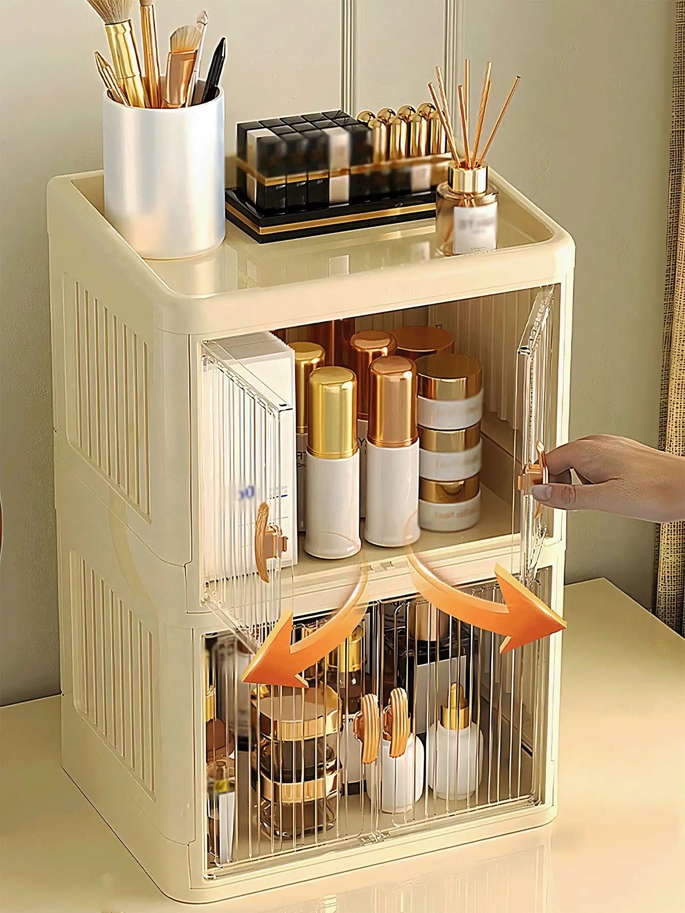 Multi-Functional Foldable Storage Box, Assembled Desktop Dual-Door Cosmetic Organizer Box, Large Capacity Waterproof Dustproof Plastic Storage Container, Suitable For Desktop, Bedroom, Bathroom, Jewelry, Cosmetics, Home Decor, Bathroom Decor - Multicolor - View 3