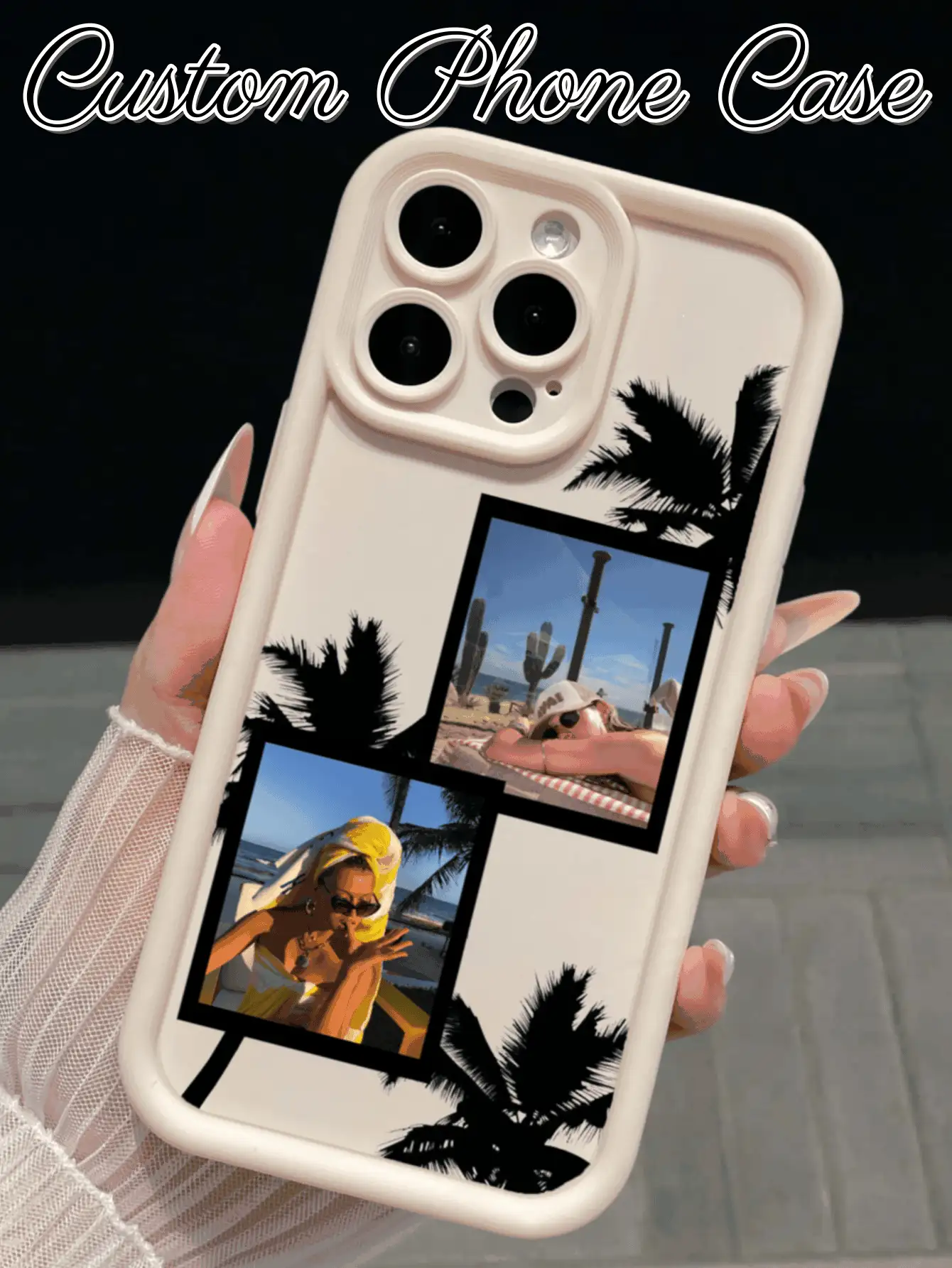 1 pieza Funda de teléfono personalizable con foto, funda protectora suave con impresión UV personalizada, edición limitada de verano con diseño de palmera, compatible con Apple 17/17 Pro/17 Pro Max/17 Air, 16-11/Pro/Pro Max/Plus, S20-S26/Ultra/FE/Plus/Ultra, teléfonos - Regalo de personalización de nombre, regalo para la mejor amiga, regalo del Día de San Valentín, esencial de verano - Blanco - Ver 2
