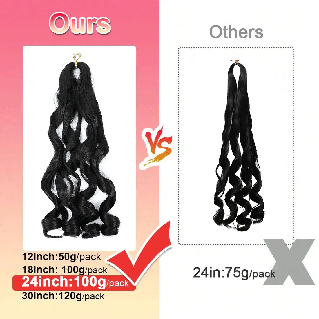 24英寸 1包 法式卷发 蓬松波浪 弹性钩针编织假发 预拉伸 100克/包 Yaki卷发 编织假发 用于接发 - 黑色 - 查看 3