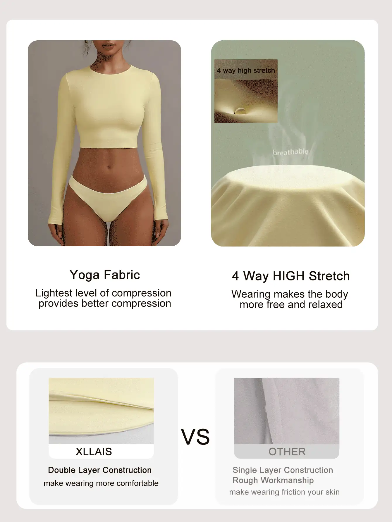 Cream Yellow Crew Neck Long Sleeve Fitted T-Shirt, Cropped Casual Sports Top For Women, Summer Spring - Light Yellow - View 5