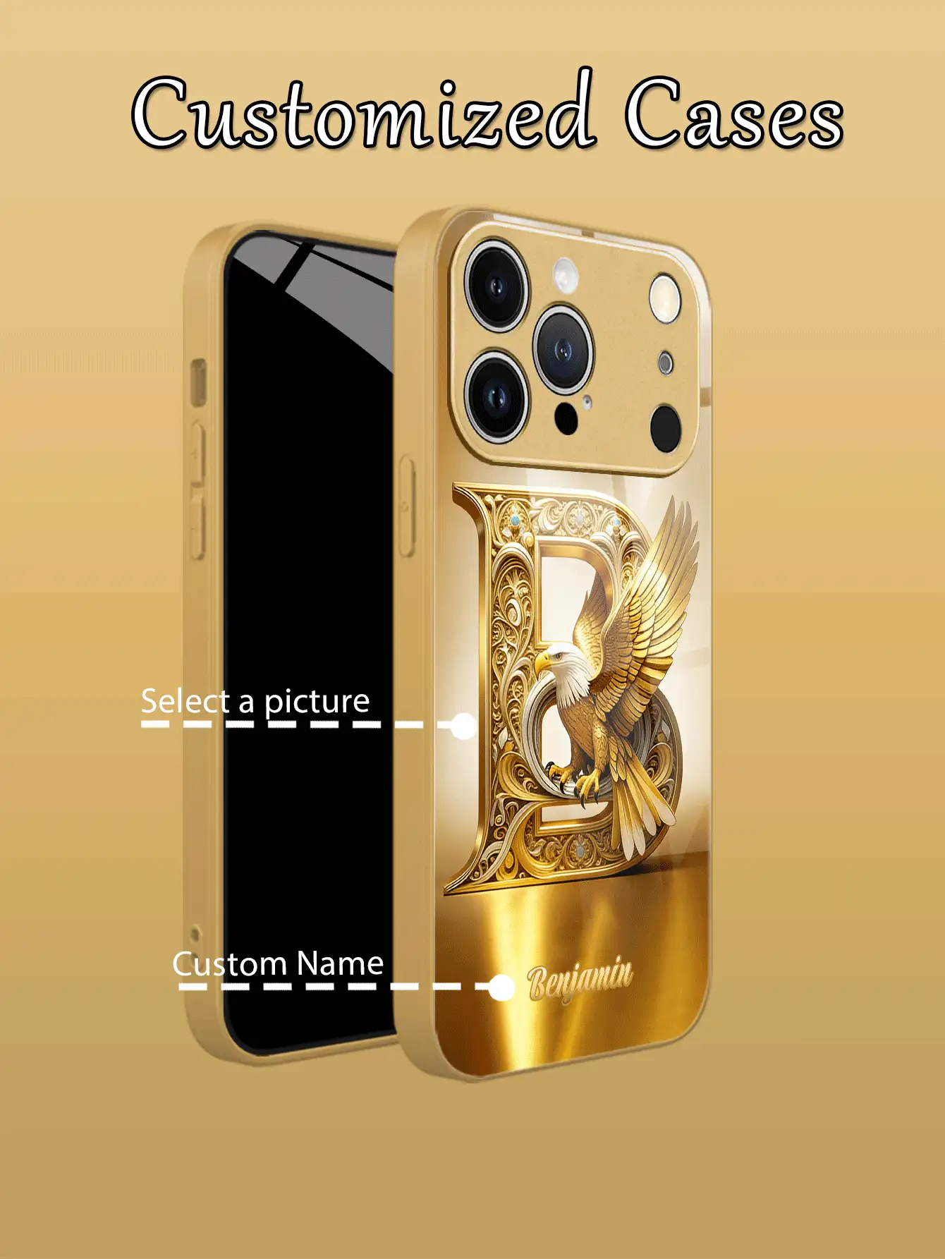 1pc Customizable Luxury Gold Eagle Letter Pattern Phone Case, Tempered Glass + TPU Soft Edge Material, Suitable For Samsung S26Ultra/S25Plus/S24 Series And Apple 17ProMax/16ProMax/15Pro/14Plus/13Pro/12ProMax/11/XsMax/8/7/6Plus, Can Be Used As Birthday Gift, Gift For Girlfriend/Boyfriend Or Self-Use - Gold - View 2