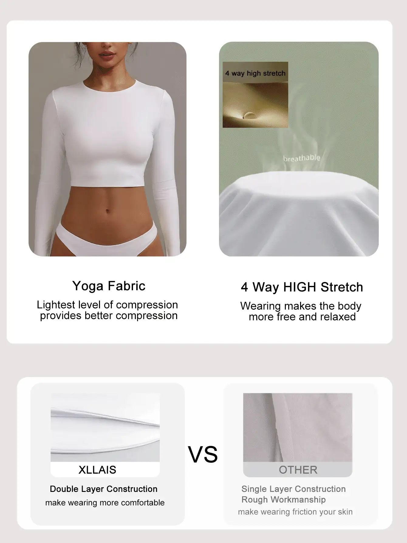 XLLAIS Fitted Long Sleeve Crew Neck T-Shirt, Elastic Double-Layer Design, White Cropped Top, Spring/Summer Clothing - White - View 4