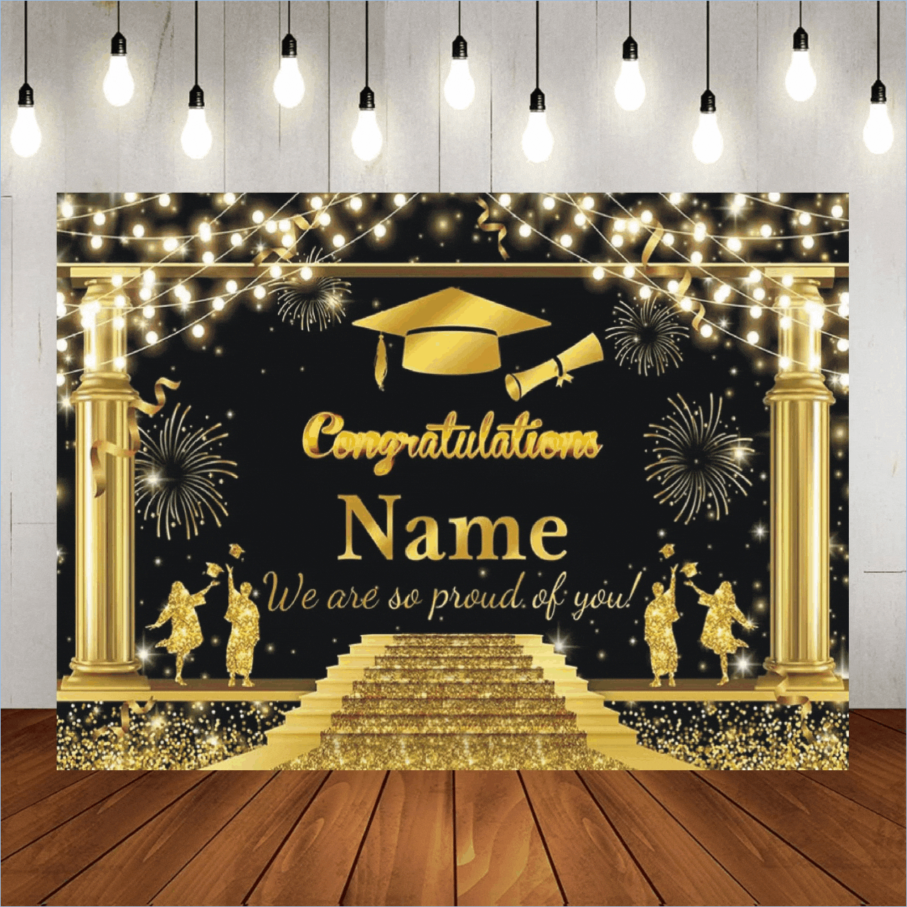 1-Piece Customizable Name Graduation Party Banner, Gold Glitter Graduation Cap Photo Backdrop; Suitable For High School, College, Classrooms, Home Walls, Outdoor Garages, And Courtyards; Ideal For Signage, Classroom Decor, Graduation Celebrations, And Holiday Signage; Features Custom Names; Made Of Vinyl Material; Reusable Decorations; Perfect For Event Decor, Photo Booth Backdrops, Event Organizers, And Party Planners - Multicolor - View 2