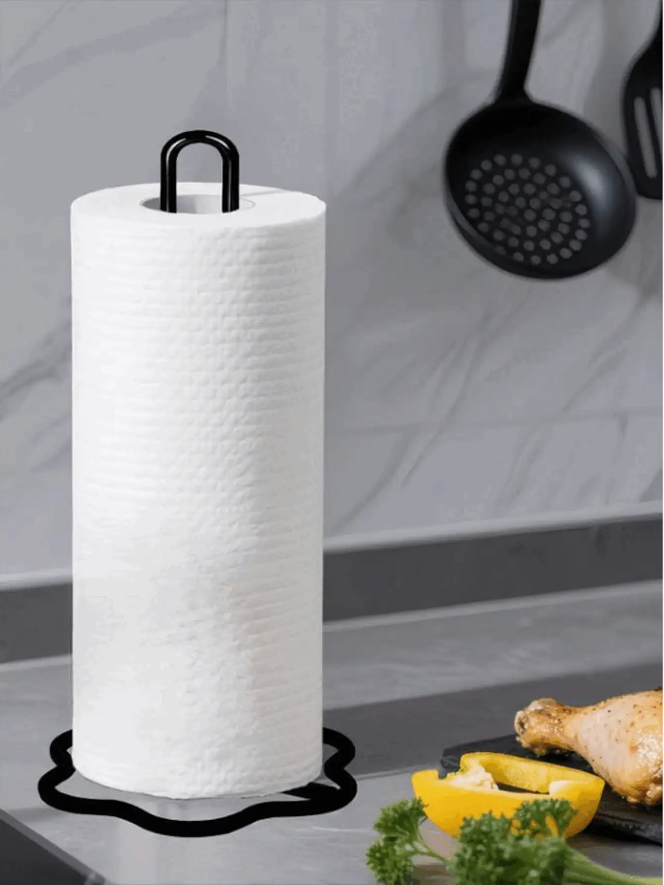 金属纸巾架，无需钻孔，可放置于台面，适用于标准尺寸和大尺寸卷纸，节省空间，桌面收纳架，坚固耐用，男女通用，适用于厨房台面、吧台、浴室和餐桌，纸巾盒，浴室装饰，厨房必备，浴室配件，房间装饰 - 黑色 - 查看 3