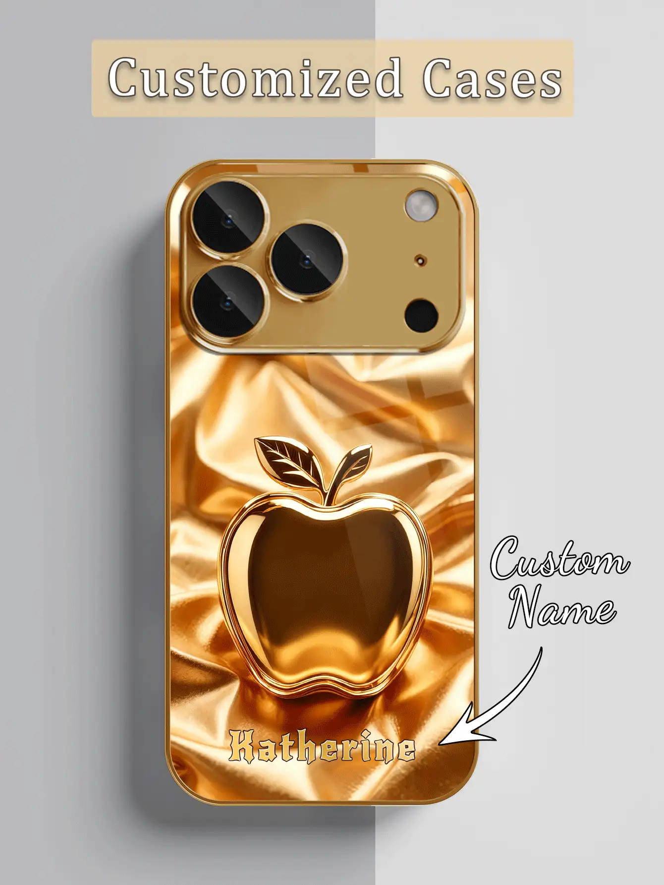 1pc DIY Customized Name Satin Texture 2D Printed Gold Apple Pattern, Tempered Glass Electroplated Gold Edge Full Coverage Phone Case Compatible With Apple 17ProMax/16 Pro Max/15/14 Plus/13 Pro/12 Pro Max/11/XsMax/8/7/6Plus, Fashion, Colorful, Cute, Fun, Minimalist, Matching Phone Accessory - Gold - View 2