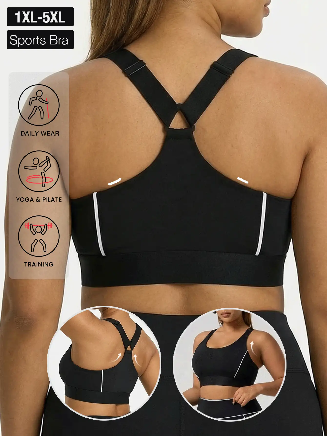 Sujetador deportivo de alto impacto para mujer de talla grande, diseño de espalda cruzada, adecuado para yoga, entrenamiento, correr y uso diario - Negro - Ver 3