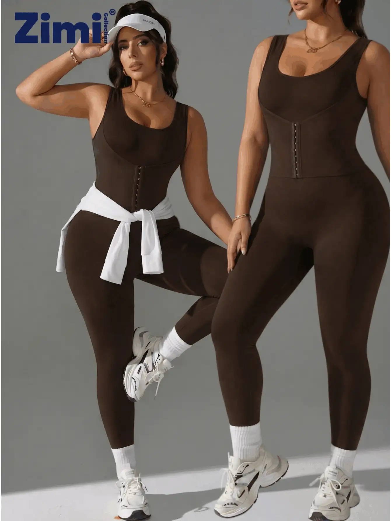 Zimi Collection Combinaison gainante sans couture grande taille | Body de sport noir avec boucle avant réglable, contrôle du ventre et de la taille, pour la gym, le port quotidien et sous les robes - Marron fonçé - Voir 3