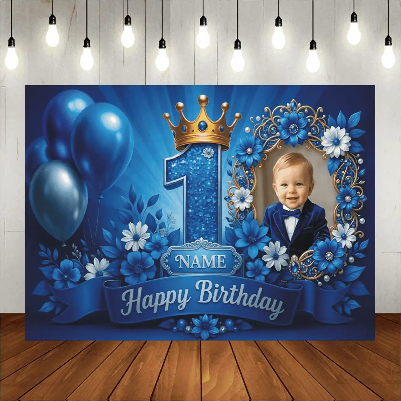 Customizable Name Photo 1st Birthday Backdrop With Pink And Blue Balloons, Flowers, Gold Glitter, Crown, Hearts, Bows, And Ribbons, 1st Birthday Parties, Baby Showers, Birthday Gifts, Cake Table Backdrop, Photo Banner, Vinyl, Celebration Decor - Multicolor - View 2