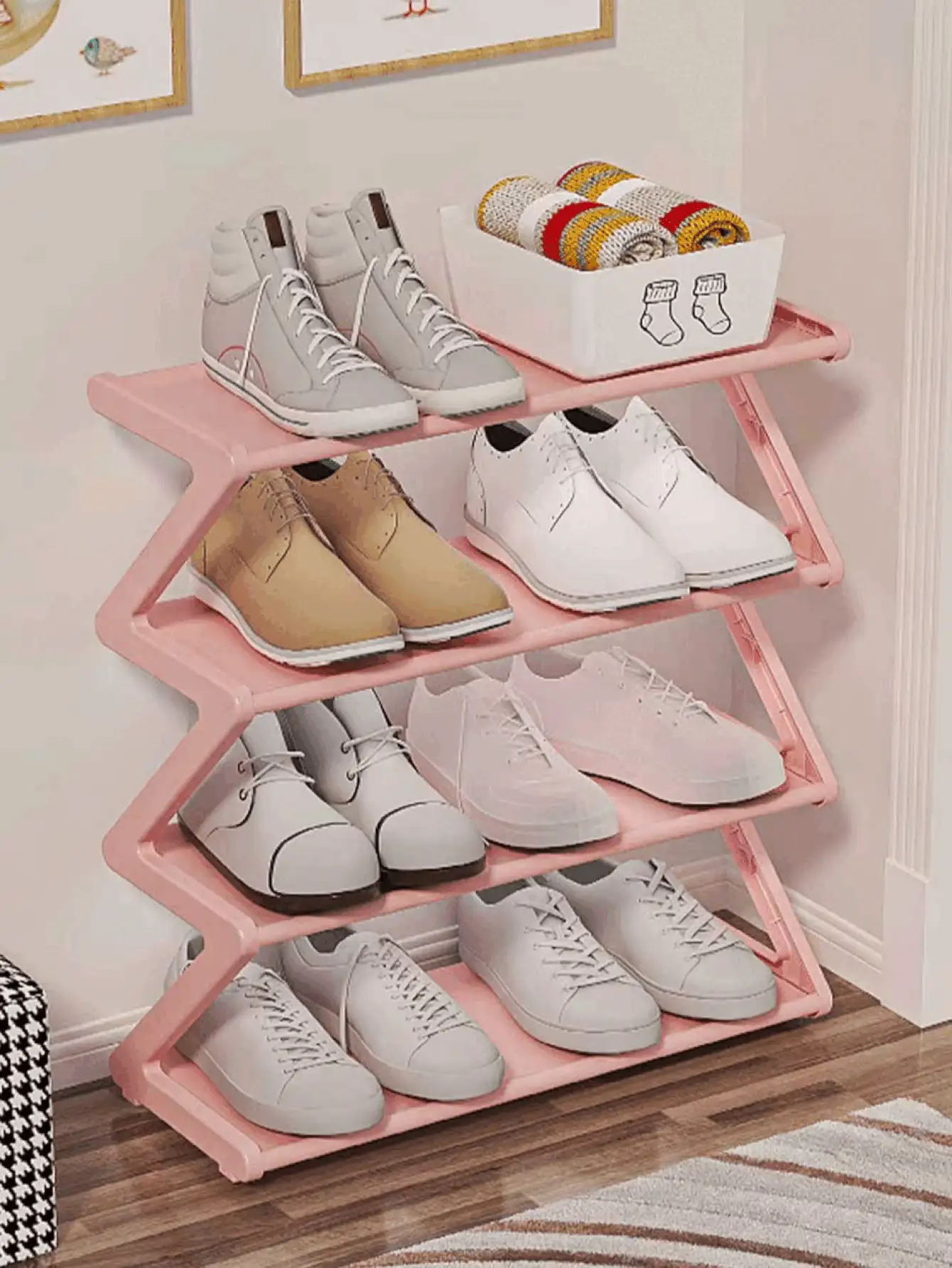 Estantería de zapatos de plástico con forma de Z, estantería de almacenamiento de pie, multifuncional de gran capacidad y fácil montaje, estantería de almacenamiento que ahorra espacio para el hogar y dormitorio, adecuada para la sala de estar y el dormitorio - Multicolor - Ver 3