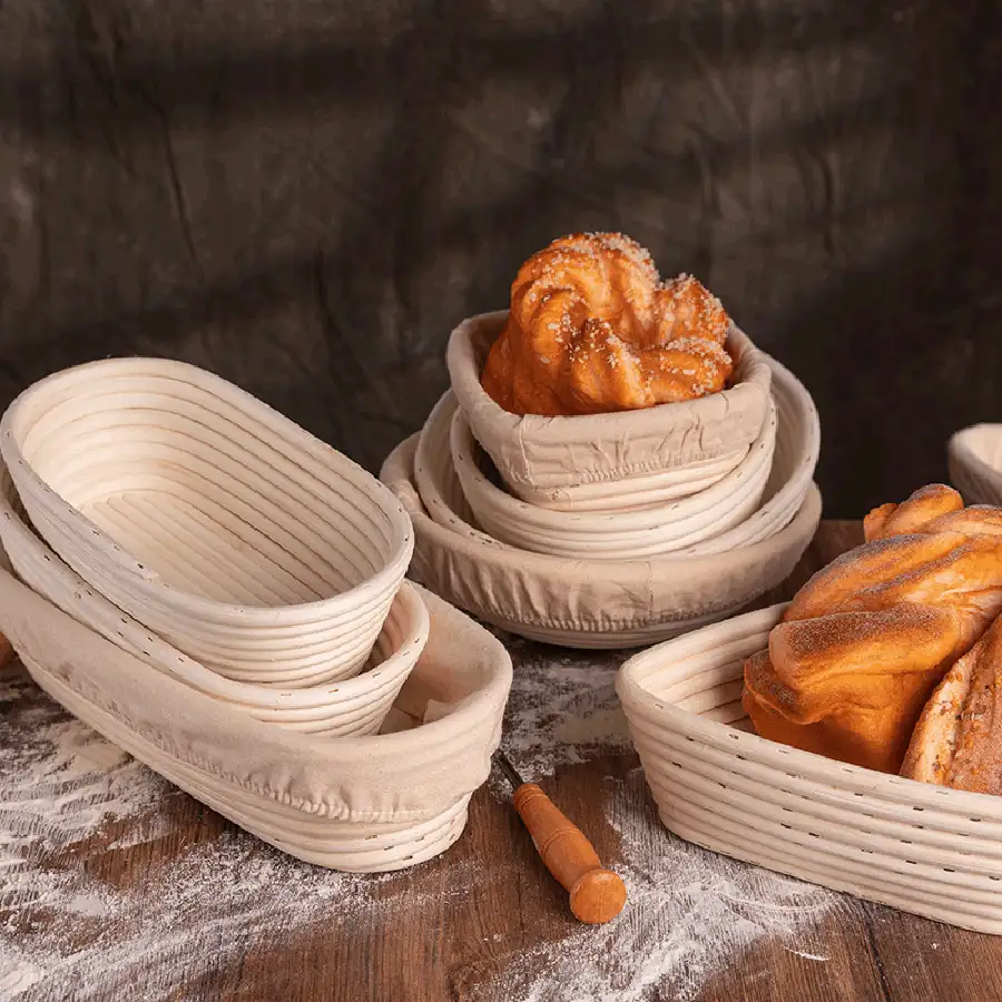 1 chiếc, rổ ủ bột hình bầu dục đan bằng mây tự nhiên, đường kính 30cm, có lớp lót, dùng để ủ bột, dụng cụ làm bánh tại nhà. - Xem 4