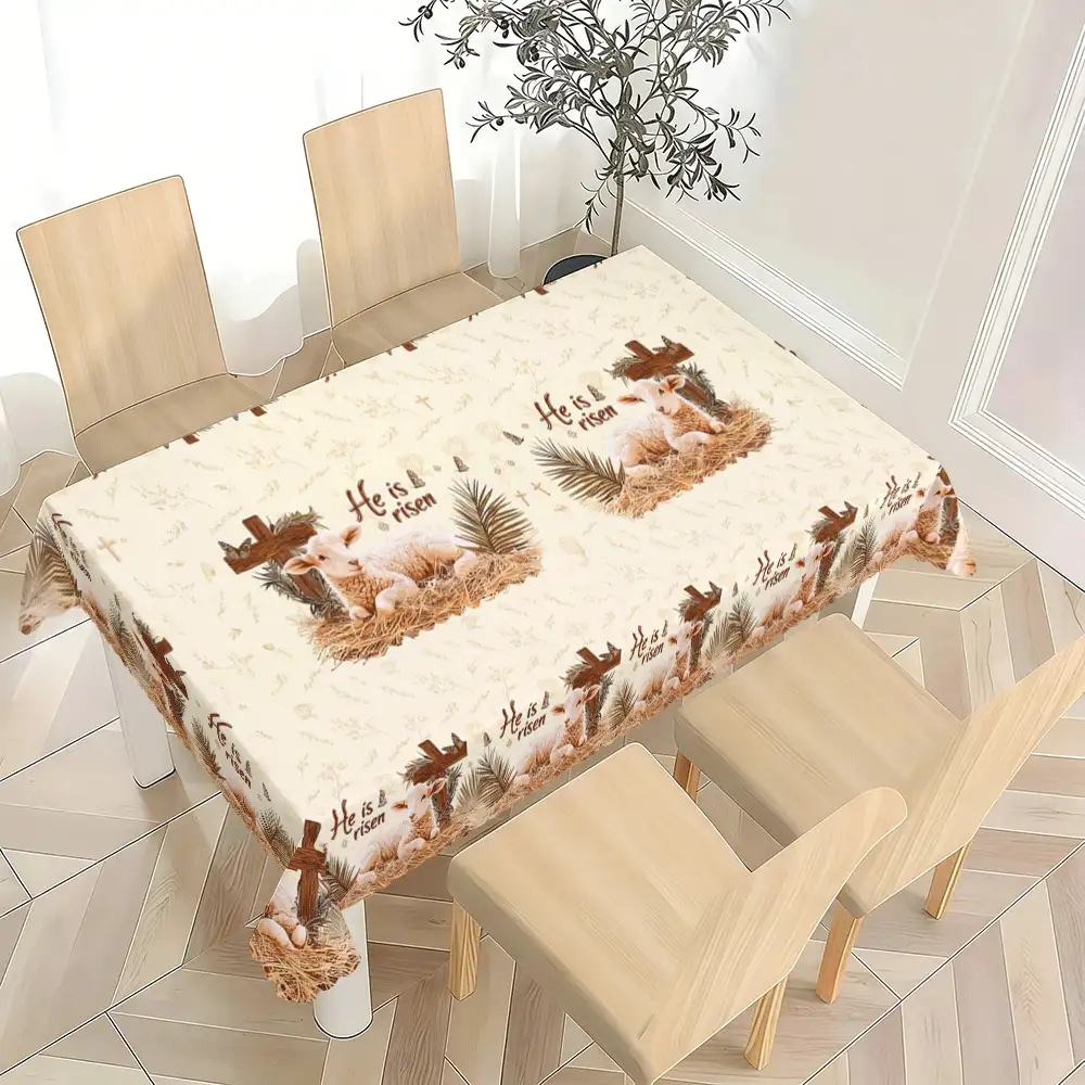 1 Piece Christian Cross Theme Tablecloth, 2d Flat, Polyester Fabric, Cross And Lamb Design, For Kitchen, Dining Table/End Table/Desk/Coffee Table, Picnic/Outdoor Dining Table/Camping Table, Family Gatherings And Parties, Birthdays, Suitable For Indoor And Outdoor Restaurants, Rectangular/Square/Round Tablecloths Are Suitable - A - View 3