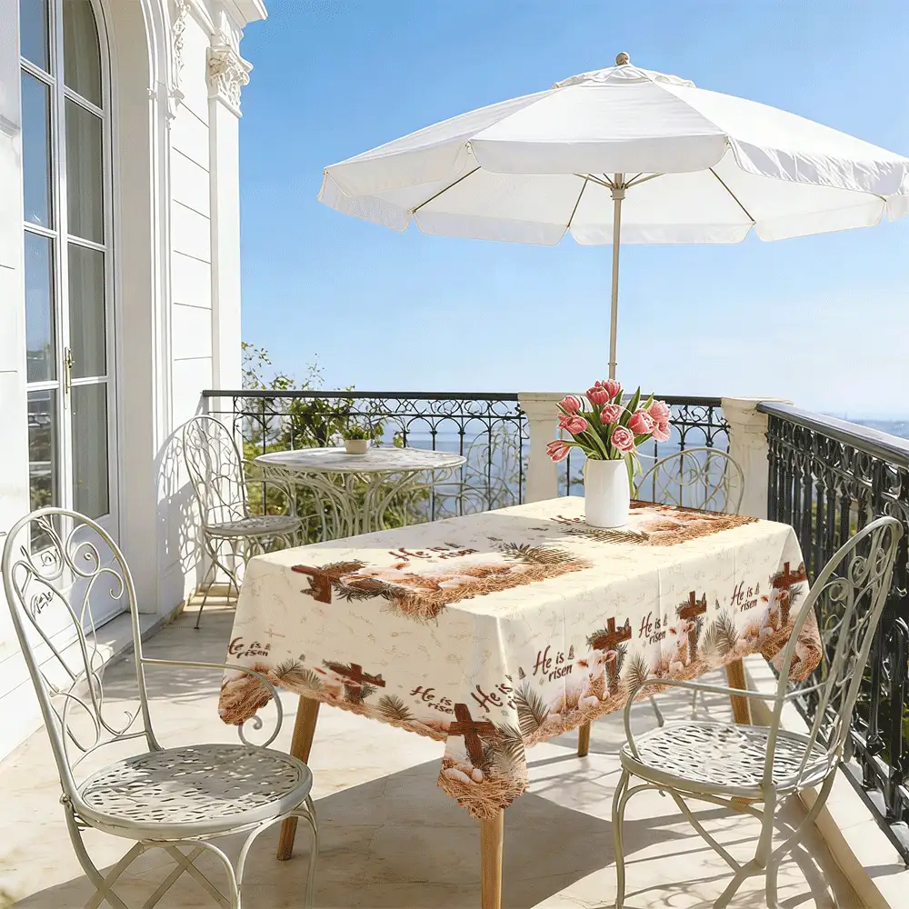 1 Piece Christian Cross Theme Tablecloth, 2d Flat, Polyester Fabric, Cross And Lamb Design, For Kitchen, Dining Table/End Table/Desk/Coffee Table, Picnic/Outdoor Dining Table/Camping Table, Family Gatherings And Parties, Birthdays, Suitable For Indoor And Outdoor Restaurants, Rectangular/Square/Round Tablecloths Are Suitable - A - View 2