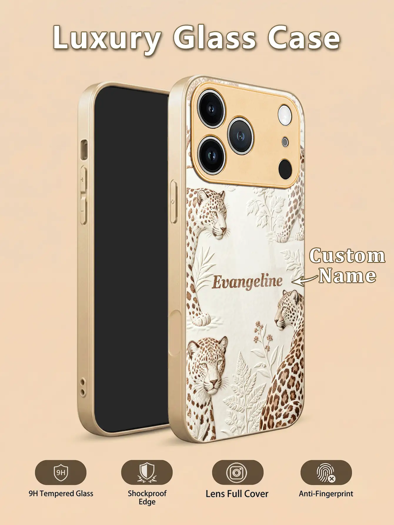 Capa de celular personalizável com nome, estampa de oncinha em relevo na cor bege, parte traseira em vidro temperado + borda macia em TPU. Compatível com Samsung S26 Ultra/S25 Ultra/S24 e Apple 17 Pro Max/16 Pro Max/15 Pro/14 Plus/13 Pro/12 Pro Max/11/Xs Max/8/7/6 Plus. Proteção completa contra arranhões na lente da câmera. Ideal como presente de aniversário, presente para namorado(a) ou para uso próprio. - Ouro - Ver 2