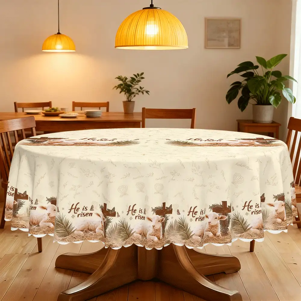 1 Piece Christian Cross Theme Tablecloth, 2d Flat, Polyester Fabric, Cross And Lamb Design, For Kitchen, Dining Table/End Table/Desk/Coffee Table, Picnic/Outdoor Dining Table/Camping Table, Family Gatherings And Parties, Birthdays, Suitable For Indoor And Outdoor Restaurants, Rectangular/Square/Round Tablecloths Are Suitable - A - View 4