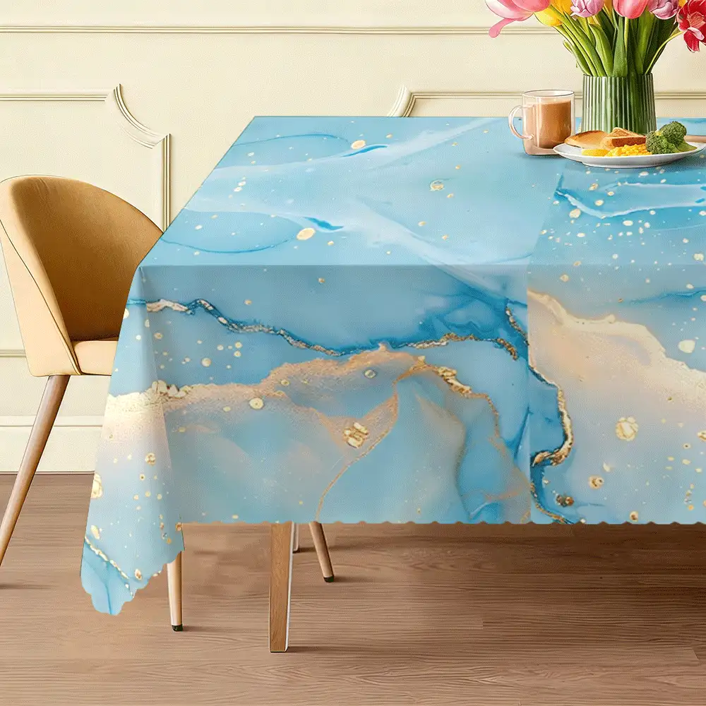 1 Piece Of Light Luxury Marble Tablecloth, 2D Flat Gilt Printing, Light Blue Background With Golden Line Texture, Suitable For Rectangular Dining Table, Business Activities, Theme Layout, Soft Light Blue Background With Gilt Texture, Modern Style Restaurant, Home Decoration, Internet Celebrity Check-In Layout Decorative Tablecloth - Multicolor - View 7