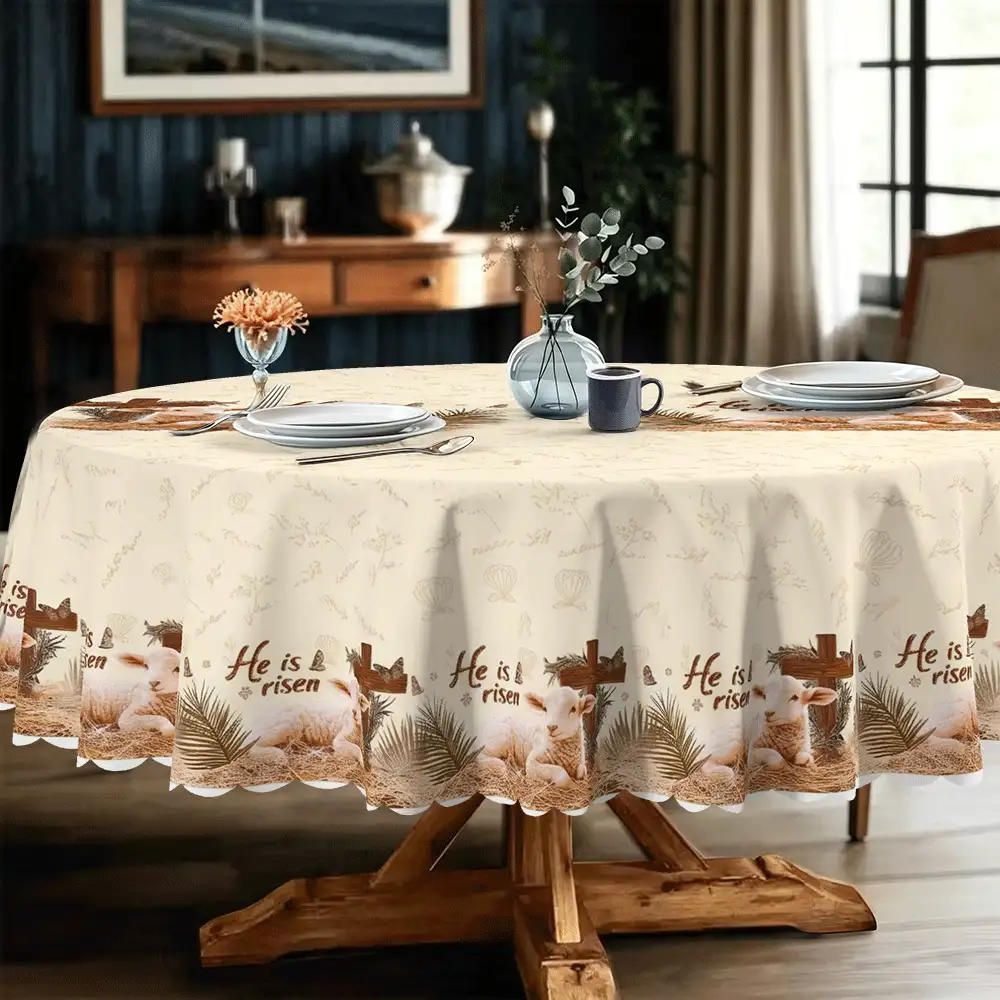 1 Piece Christian Cross Theme Tablecloth, 2d Flat, Polyester Fabric, Cross And Lamb Design, For Kitchen, Dining Table/End Table/Desk/Coffee Table, Picnic/Outdoor Dining Table/Camping Table, Family Gatherings And Parties, Birthdays, Suitable For Indoor And Outdoor Restaurants, Rectangular/Square/Round Tablecloths Are Suitable - A - View 5