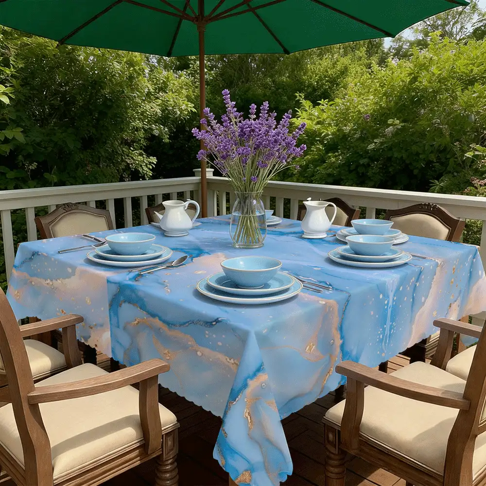 1 Piece Of Light Luxury Marble Tablecloth, 2D Flat Gilt Printing, Light Blue Background With Golden Line Texture, Suitable For Rectangular Dining Table, Business Activities, Theme Layout, Soft Light Blue Background With Gilt Texture, Modern Style Restaurant, Home Decoration, Internet Celebrity Check-In Layout Decorative Tablecloth - Multicolor - View 3