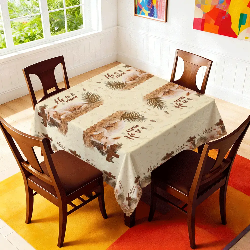 1 Piece Christian Cross Theme Tablecloth, 2d Flat, Polyester Fabric, Cross And Lamb Design, For Kitchen, Dining Table/End Table/Desk/Coffee Table, Picnic/Outdoor Dining Table/Camping Table, Family Gatherings And Parties, Birthdays, Suitable For Indoor And Outdoor Restaurants, Rectangular/Square/Round Tablecloths Are Suitable - A - View 6